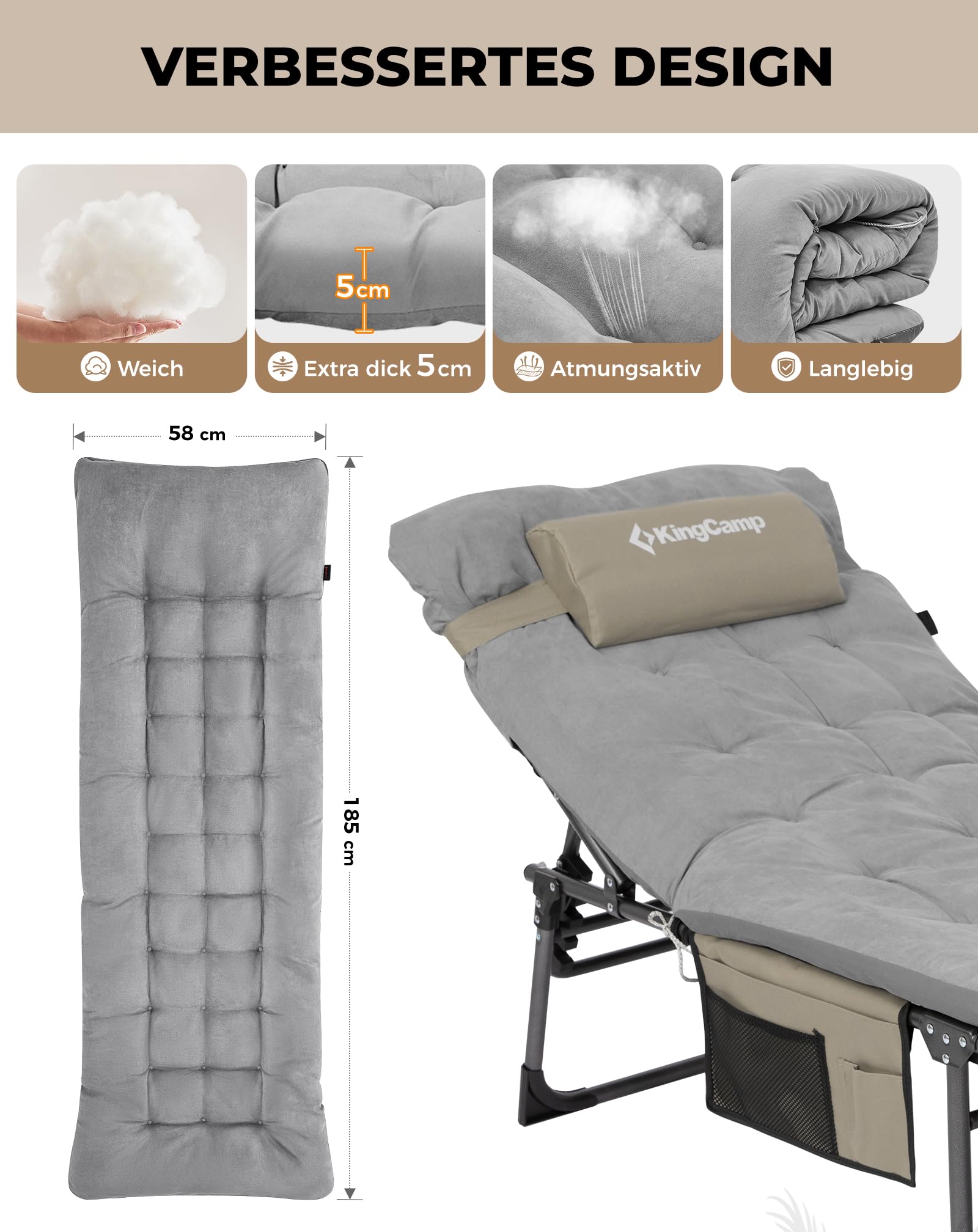 Sonnenliege Klappbar 5-Verstellbare, bis 180 kg, 2er Set, Blau | Gartenliege Klappbar, mit Kopfstütze & Seitentasche, Sonnenliege Wetterfest, Strandliege für Garten Terrasse Pool Camping