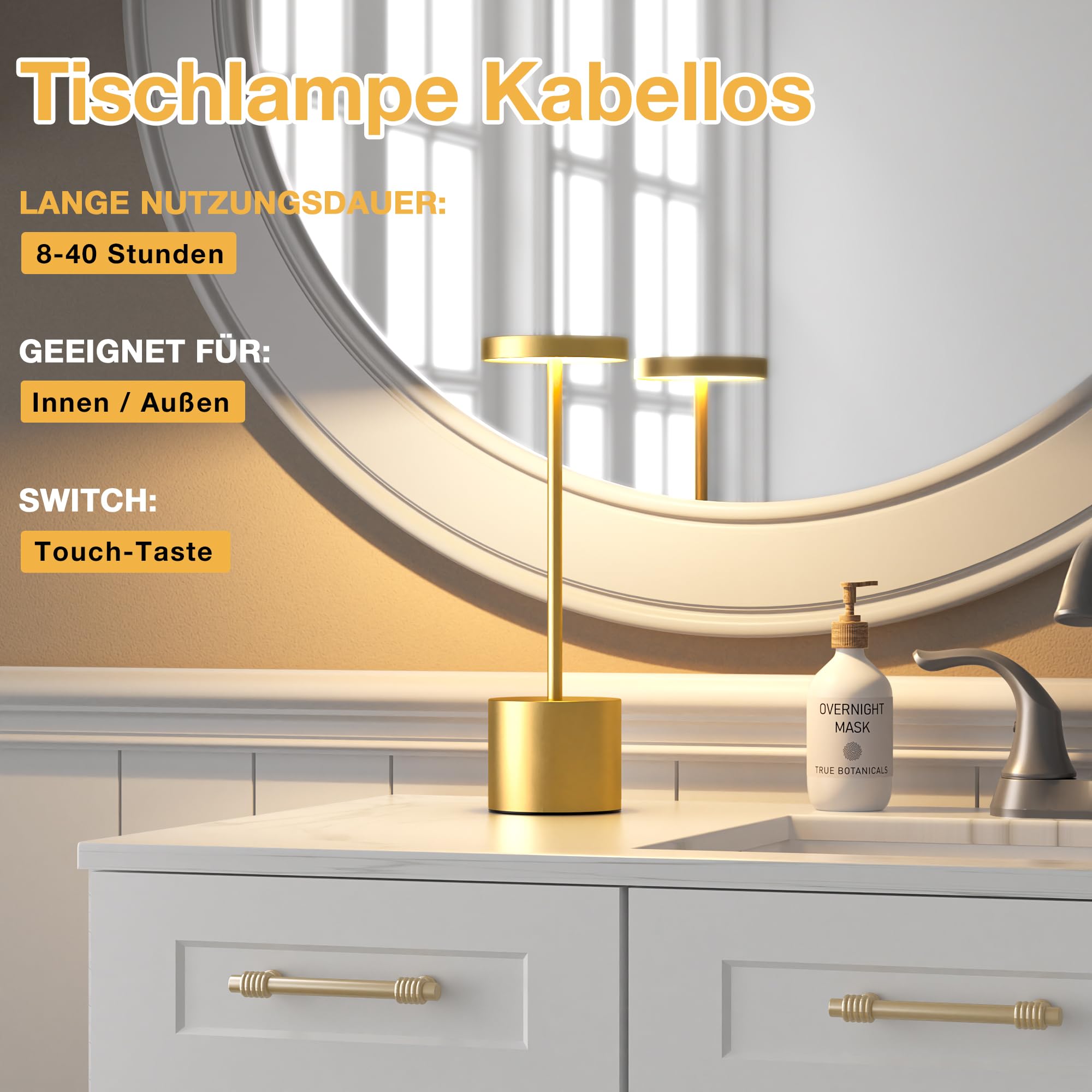 Tischlampe Batterie, LED Tischlampe Wireless, Tischlampe Wireless Batterie mit 3 Farbtemperaturen, Touch Nachttischlampe Dimmbar, kontinuierlich dimmbar für Schlafzimmer