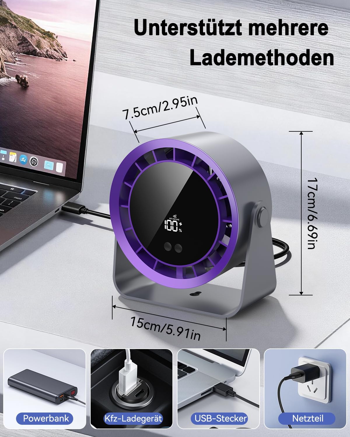 Leiser Turbo Tischventilator mit Digitalem LED-Display, 100-stufig einstellbar & 360° neigbar - 3600mAh USB-wiederaufladbar - Ideal für Büro, Schlafzimmer, Zuhause & Outdoor