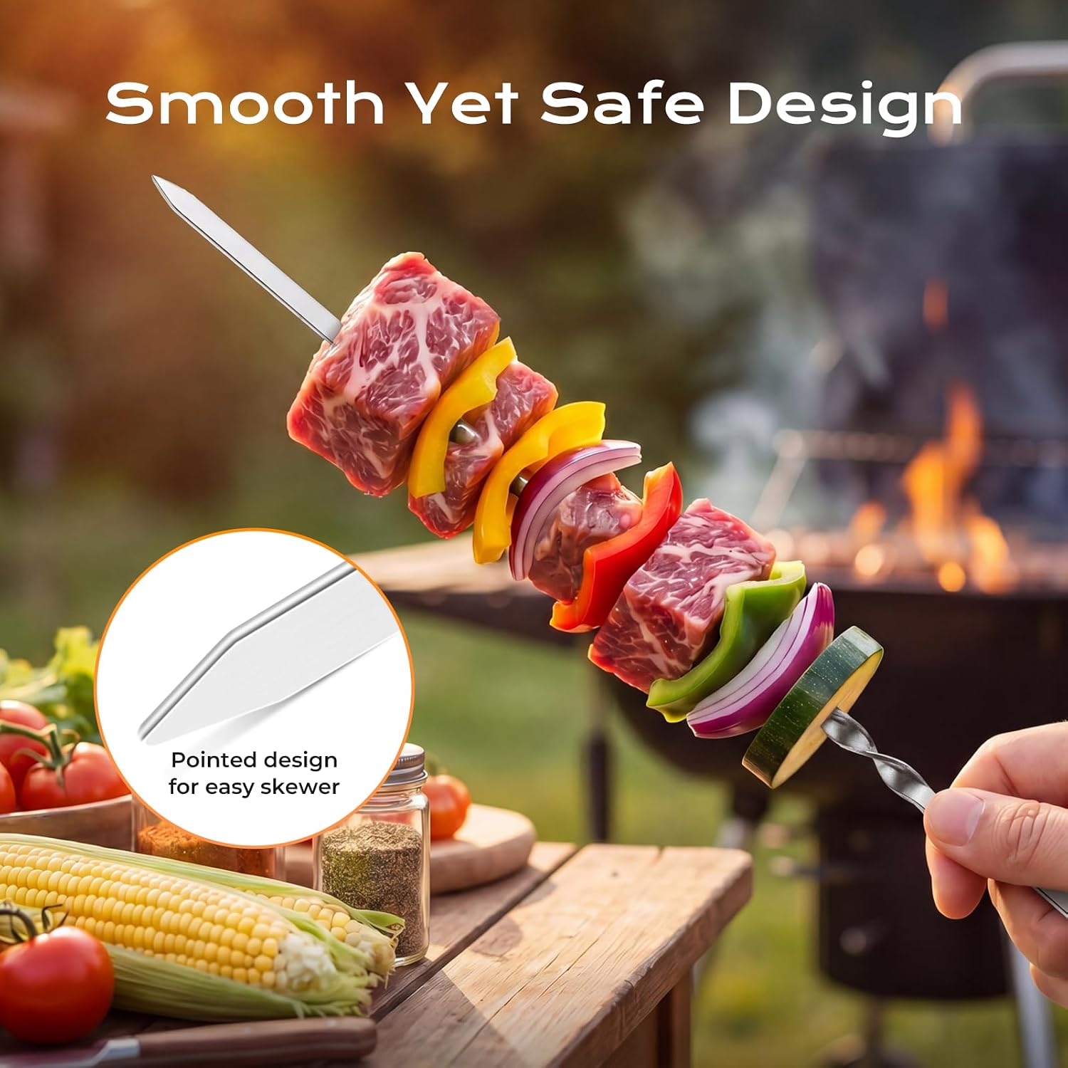 Schaschlikspieße Set, 6 Stück 40,5 cm Edelstahl Grillspieße mit 2 × 30 cm Spießhalter, Flache BBQ Spieße für Schaschlik, Fleisch und Gemüse, Wiederverwendbare Grillspieße, Grillzubehör