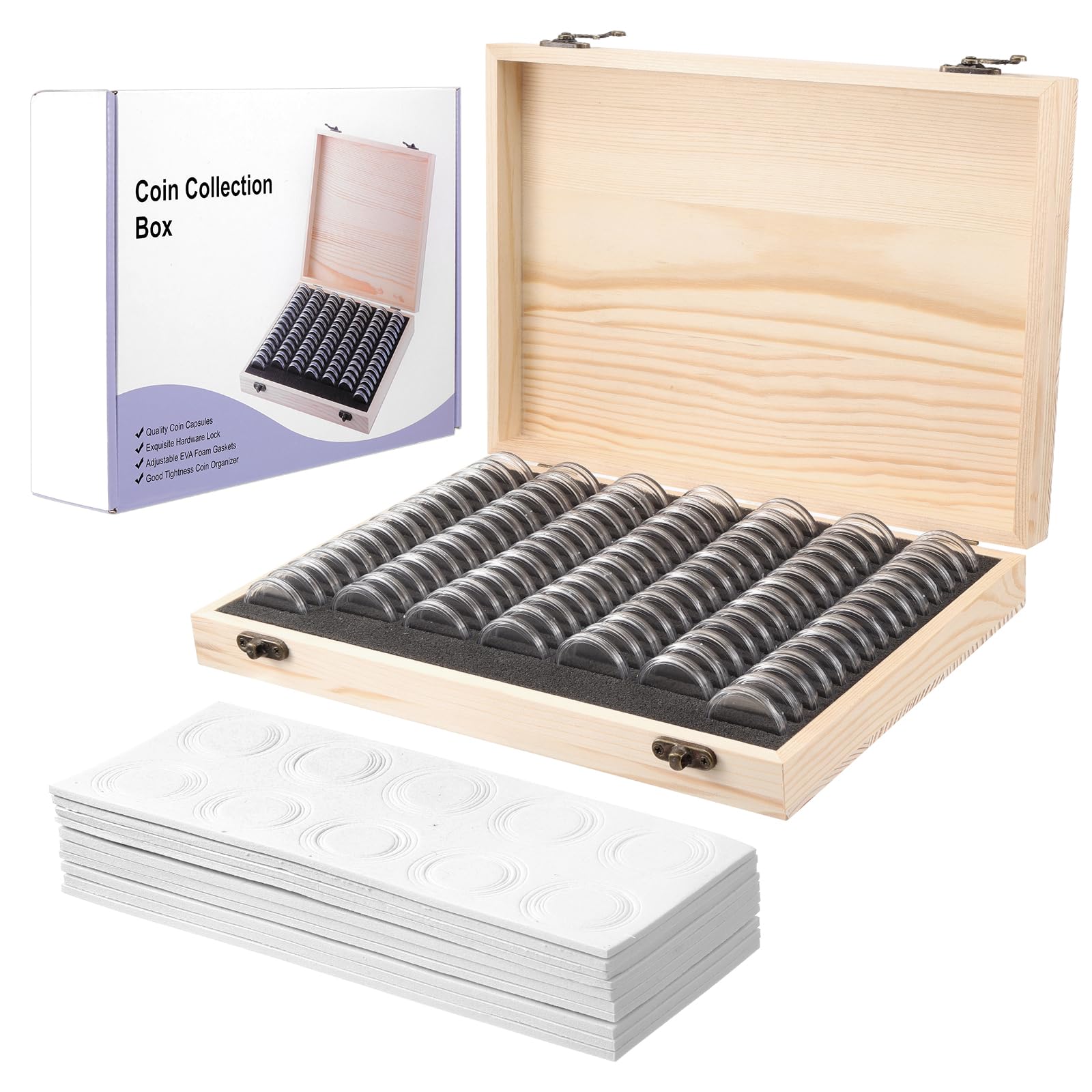 Münzaufbewahrungsbox Holzmünzenhalter / Kapseln mit runden Münzkapseln für Münzsammlung 18/21/25/27/30 mm