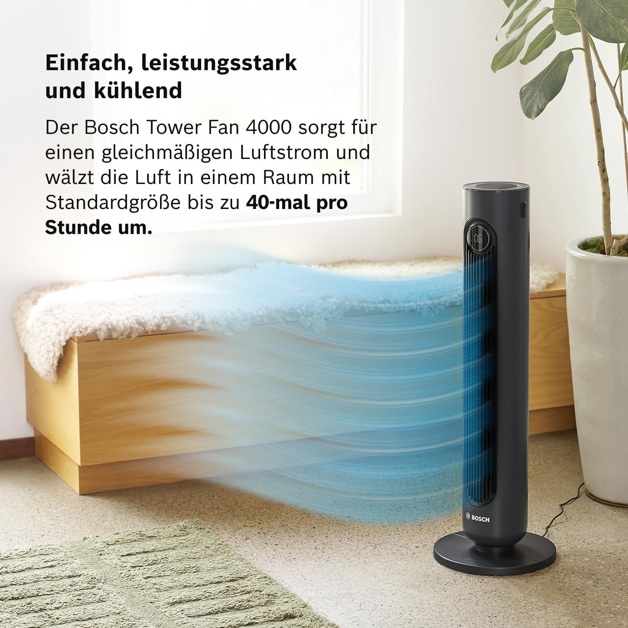 Bosch Tower Fan , Leiser Turmventilator, Midnight Grey | Mit Fernbedienung, 8 Geschwindigkeitsstufen, 90° Oszillation, Nachtmodus & 8-Stunden-Timer, 19 dB(A)