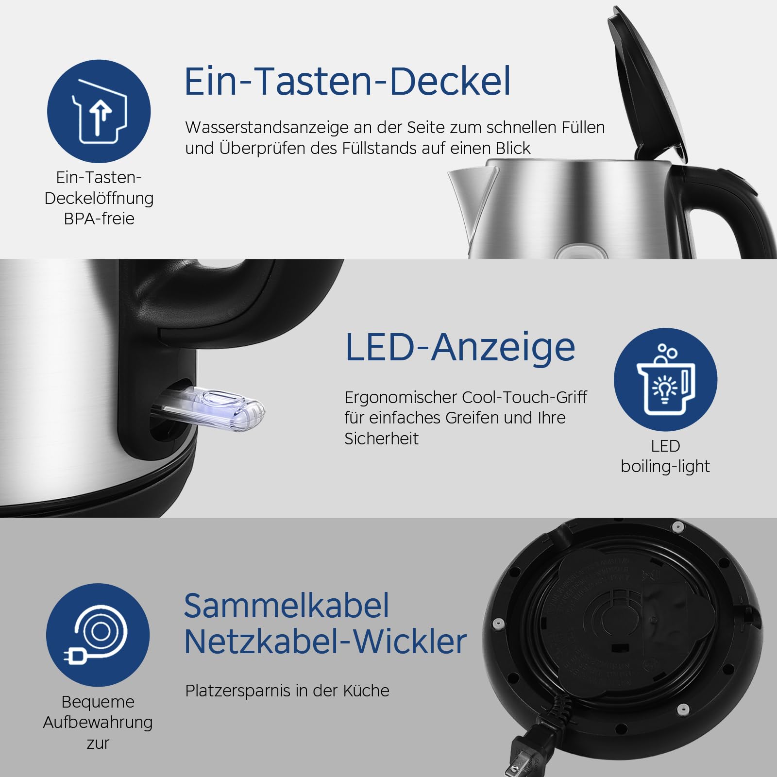 Edelstahl-Kessel mit Temperatureinstellung, 45°C - 100°C, 1,5 Liter, 2200 W Wasserkocher weiß, Teebereiter mit Temperaturanzeige und Sicherheitsfunktionen, BPA-frei, Doppelwanddesign