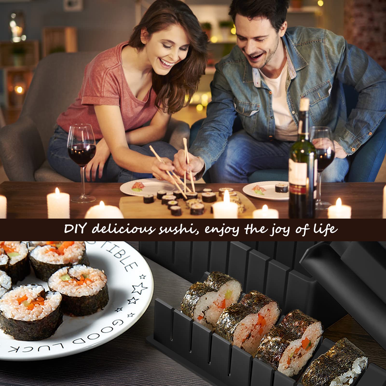 Sushi Set, 20-teiliges Kit für Anfänger, um sich selbst Sushi zu machen, Sushi-Platte mit Reisrollenformen, Gabel, Messer, Rollmatte, Sticks