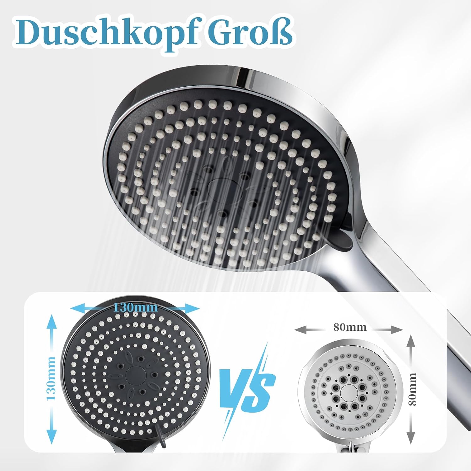 Duschkopf Groß xxl mit 6 Strahlarten, Duschbrause für Duschkopf Wassersparend, Chrom