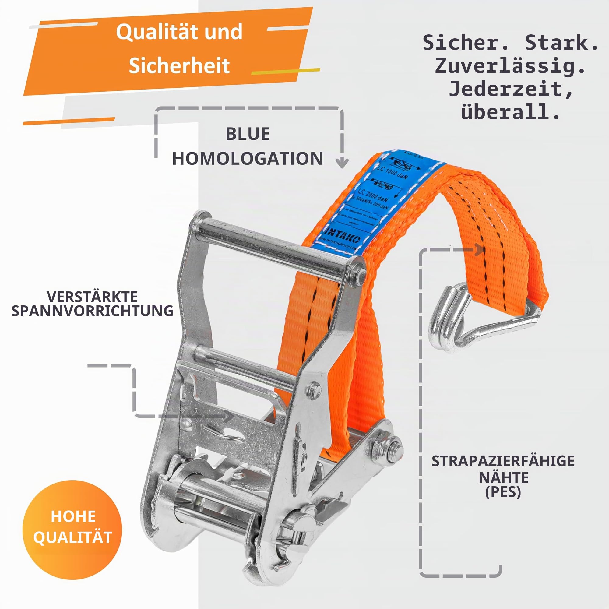 Spanngurte mit Ratsche und Haken - 4m / 6m / 8m - 2000kg 35mm - 4 Stück - Ratschen Set - Ratschengurt 2-Teilig - Zurrgurt Orange - TÜV GS Geprüft und gemäß DIN EN 12195-2 (Orange, 6m)