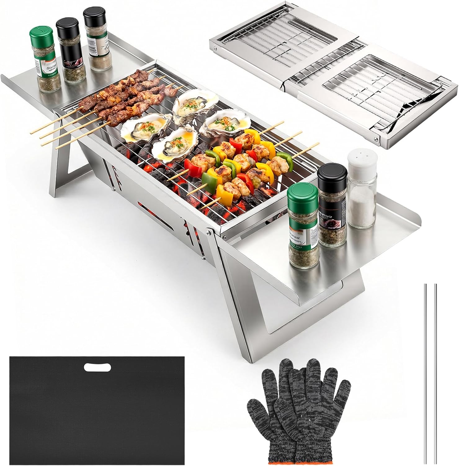 Kleiner Tragbarer Camping Holzkohlegrill, Mini tischgrill holzkohle mit 4-stufiger Hitzeverstellung, reise Klappgrill für Outdoor, Camping, Garten, picknick, Strand & Party Barbecue