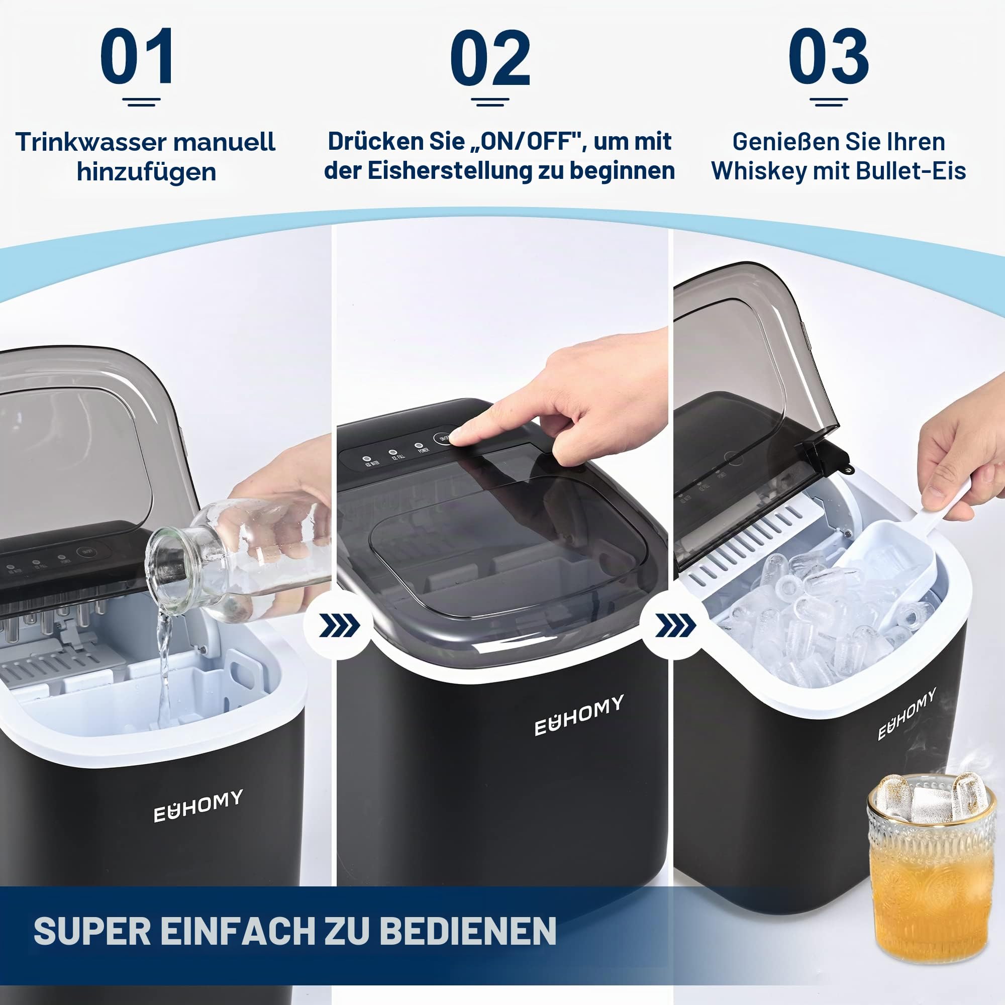 Eiswürfelmaschine Klein, 9 Eiswürfel in 6 Minuten, 12 kg/24H, Eiswürfelmaschine Edelstahl mit Tragbarem Griff, Selbstreinigender Kompakter Eiswürfelmaschinen für Zuhause/Küche/Büro/Bar