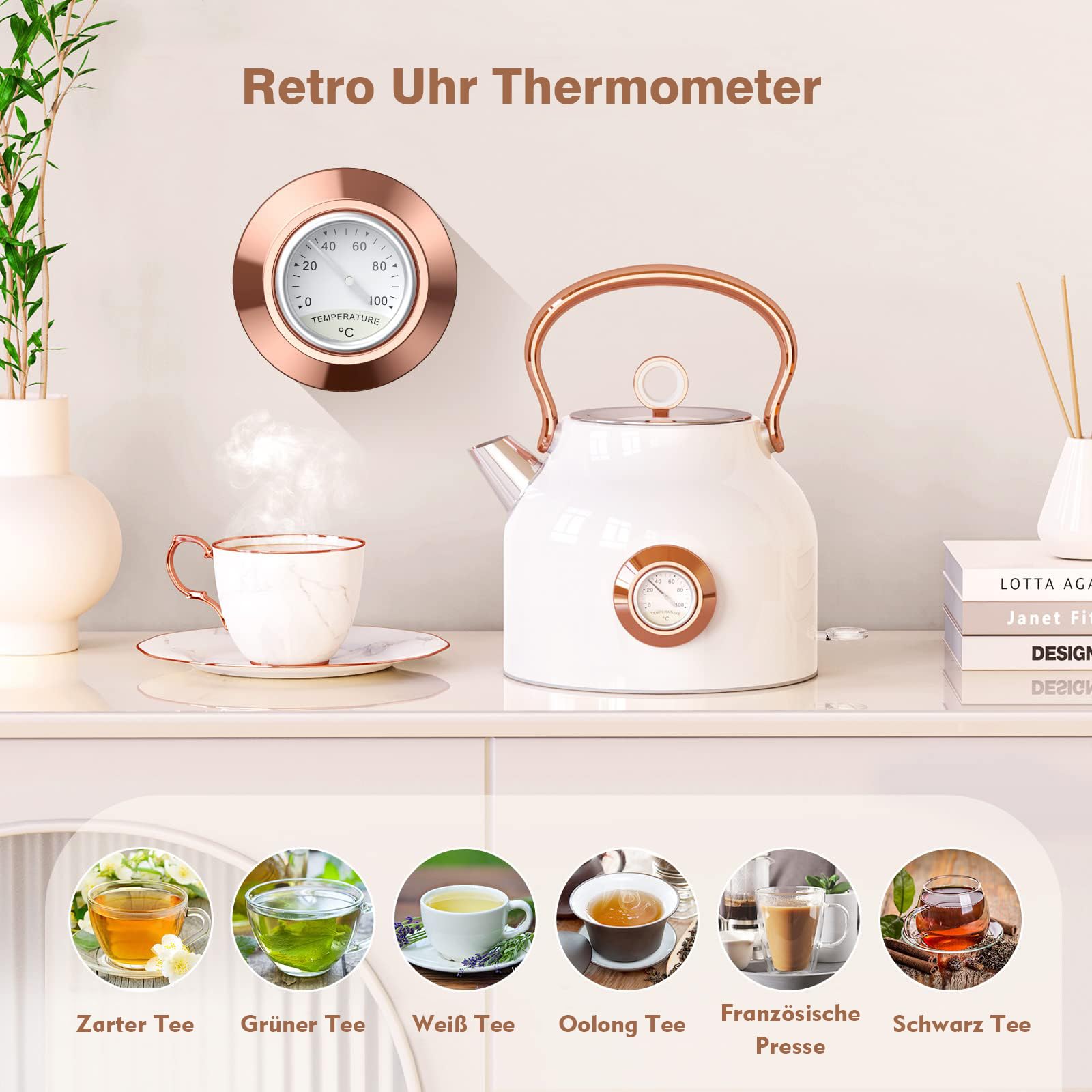 Retro Wasserkocher, 1,7 Liter Edelstahl Teekessel mit grosser Temperaturanzeige, 2200 W Schnellerhitzung Heisswasserkessel mit LED-Anzeige, Schwarz oder Weiss