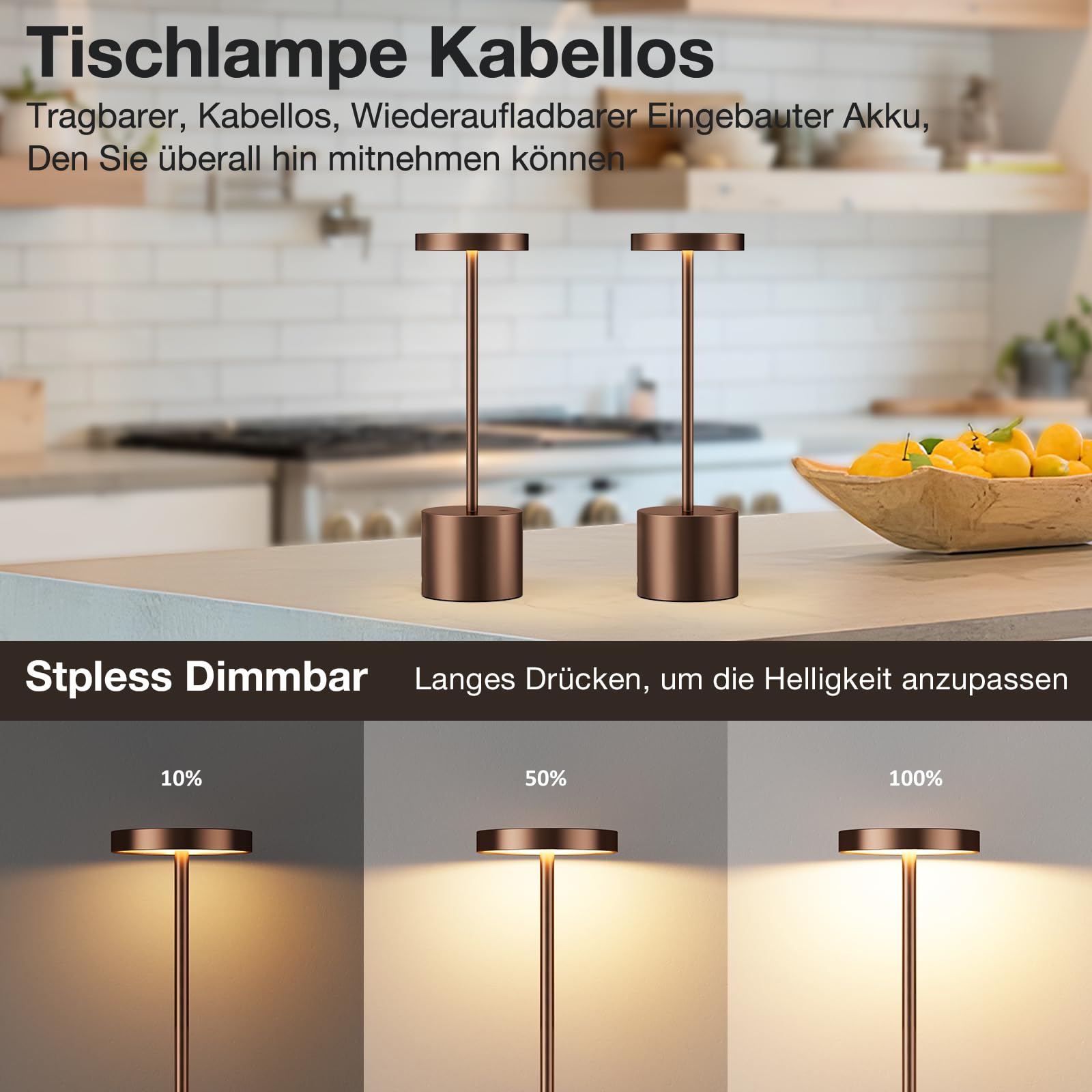 Tischlampe Batterie, LED Tischlampe Wireless, Tischlampe Wireless Batterie mit 3 Farbtemperaturen, Touch Nachttischlampe Dimmbar, kontinuierlich dimmbar für Schlafzimmer