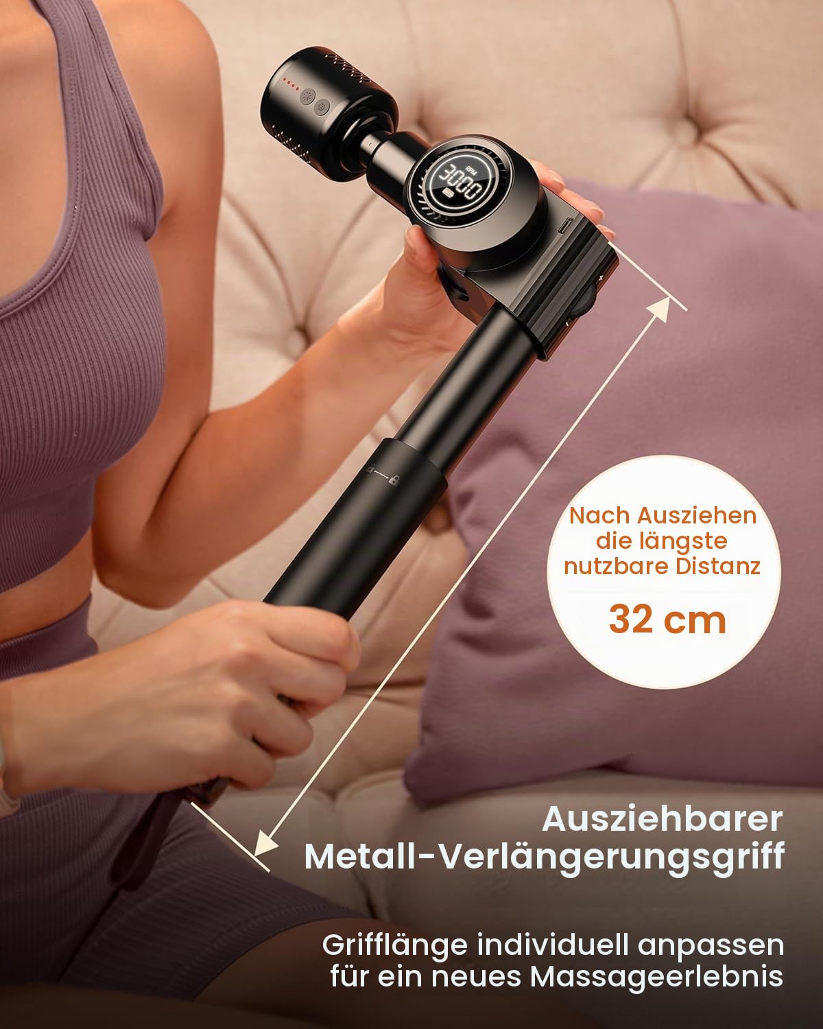 Massagepistole,Napre Faltbare Massage Pistole Massage Gun mit Verlängerungsgriff und Einstellbaren Winkeln,Muskel Percussion Massagegerät für Schulter Körper Rücken,32 Geschwindigkeiten,6 Aufsätze