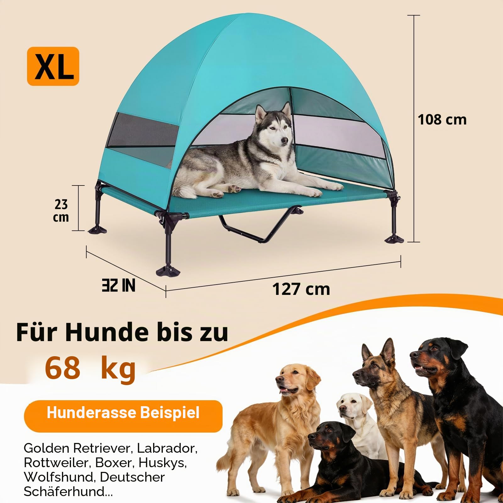 Erhöhtes Hundebett Outdoor mit UV-beständiges Dach，Hundeliege Klappbar mit Anti-Rutsch-Füßen, Hundezelt Outdoor mit Großem Schatten, Kühlendes ErhöHtes Hunde Bett für Camping, Garten & Pool (Grau, L)