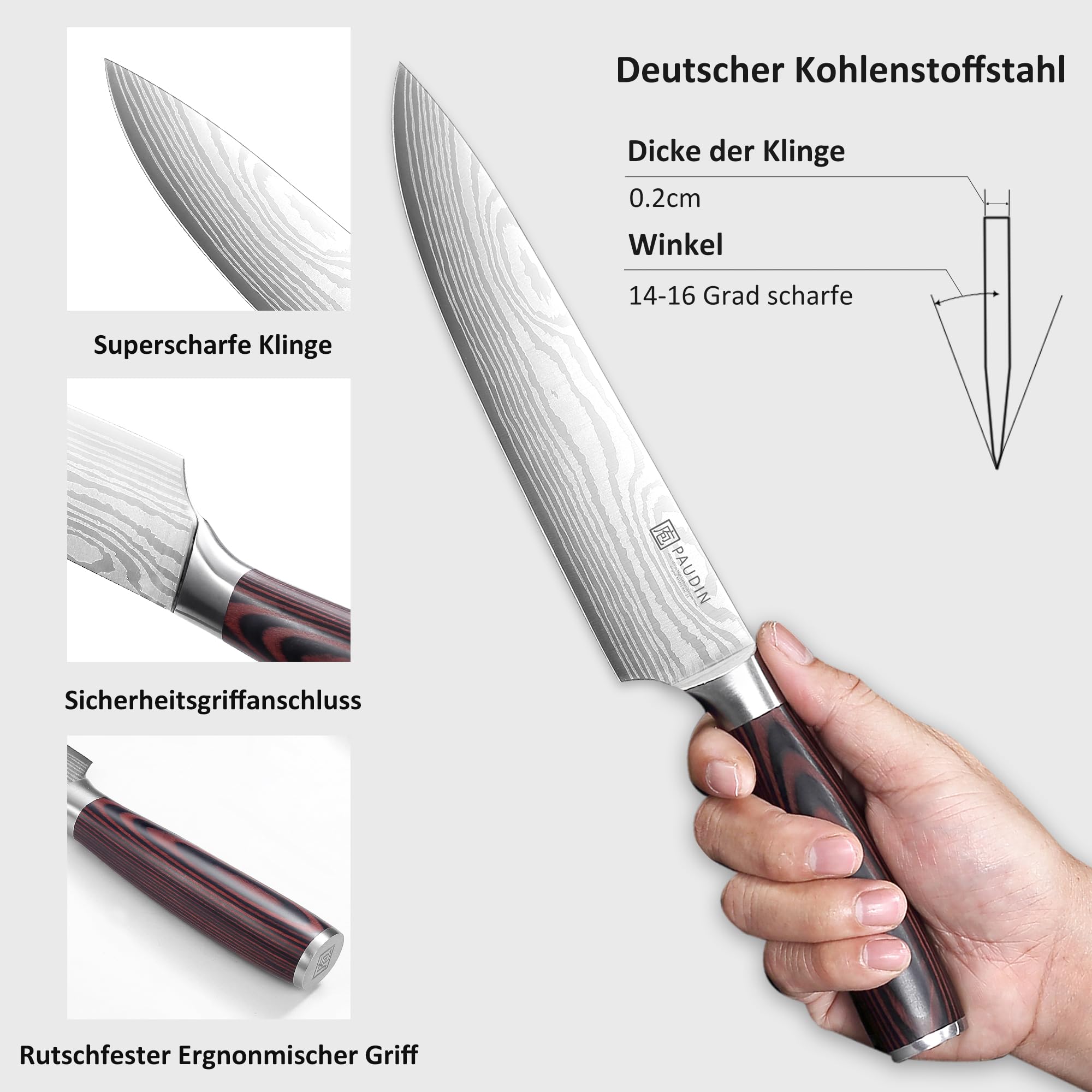 Küchenmesser-Set, 5-teiliges Küchenmesser-Set aus hochwertigem Kohlenstoff-Edelstahl, Ultra Sharp Messer-Set mit Kochmesser, Hackmesser, Nutzmesser
