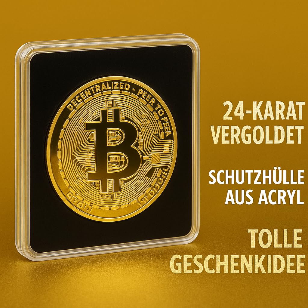 Crypto Bitcoin Coin / 24 Karat Gold / Inklusive elegantes Plexiglas-Münzgehäuse