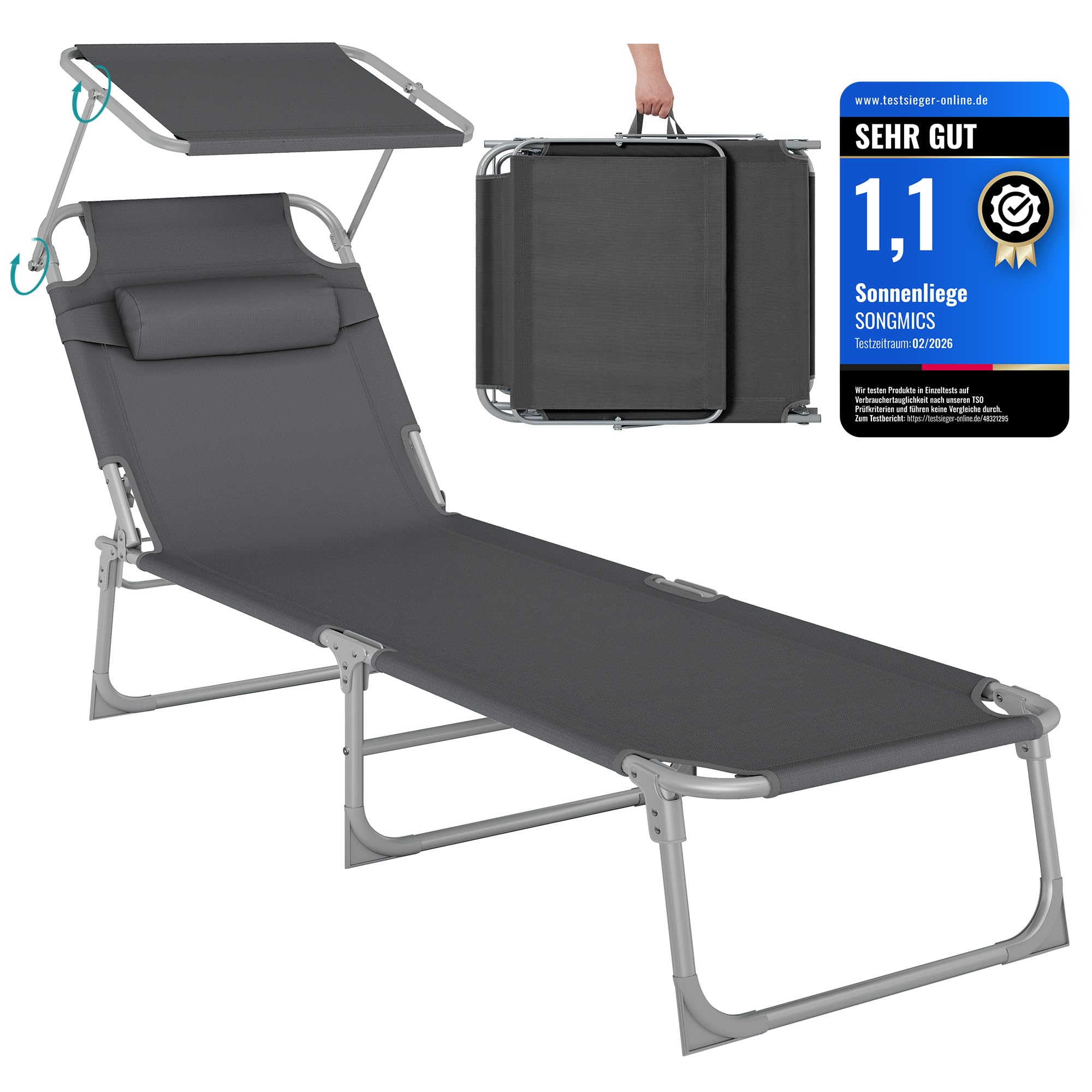 Sonnenliege, klappbarer Liegestuhl, 193 x 53 x 29 cm, trägt bis zu 150 kg, Sonnenschutz, Kopfkissen, verstellbare Rückenlehne, für Garten, Pool, Terrasse