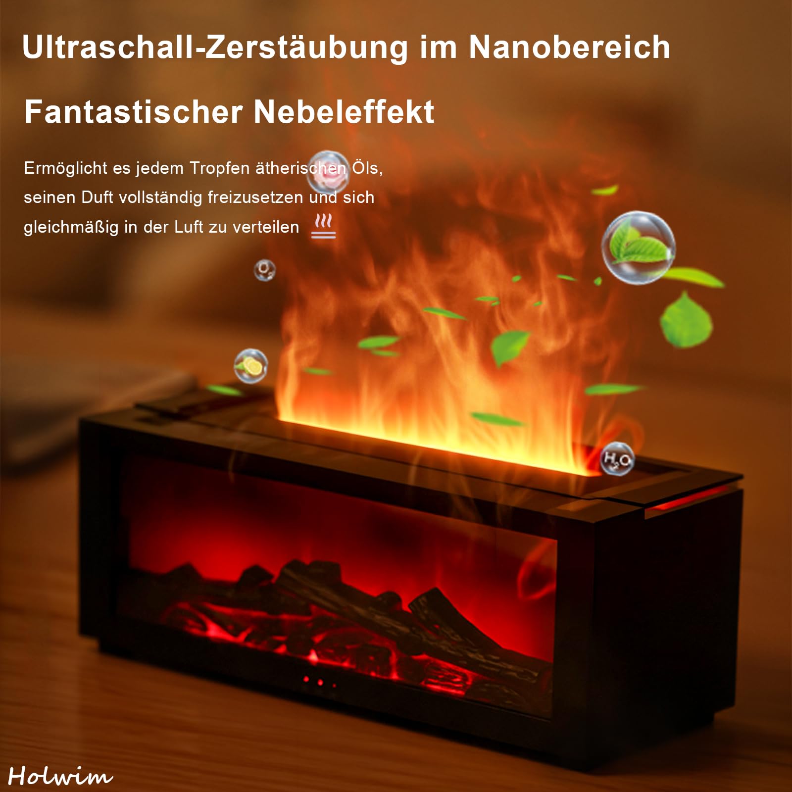 Aroma Diffusor mit LED-Kamin, Duftöl Diffusor für ätherische Öle mit 7-farbigem Lichtflammeneffekt, 150 ml Luftbefeuchter mit Fernbedienung, 4-Timer, Wasserloses Automatisches Ausschalten