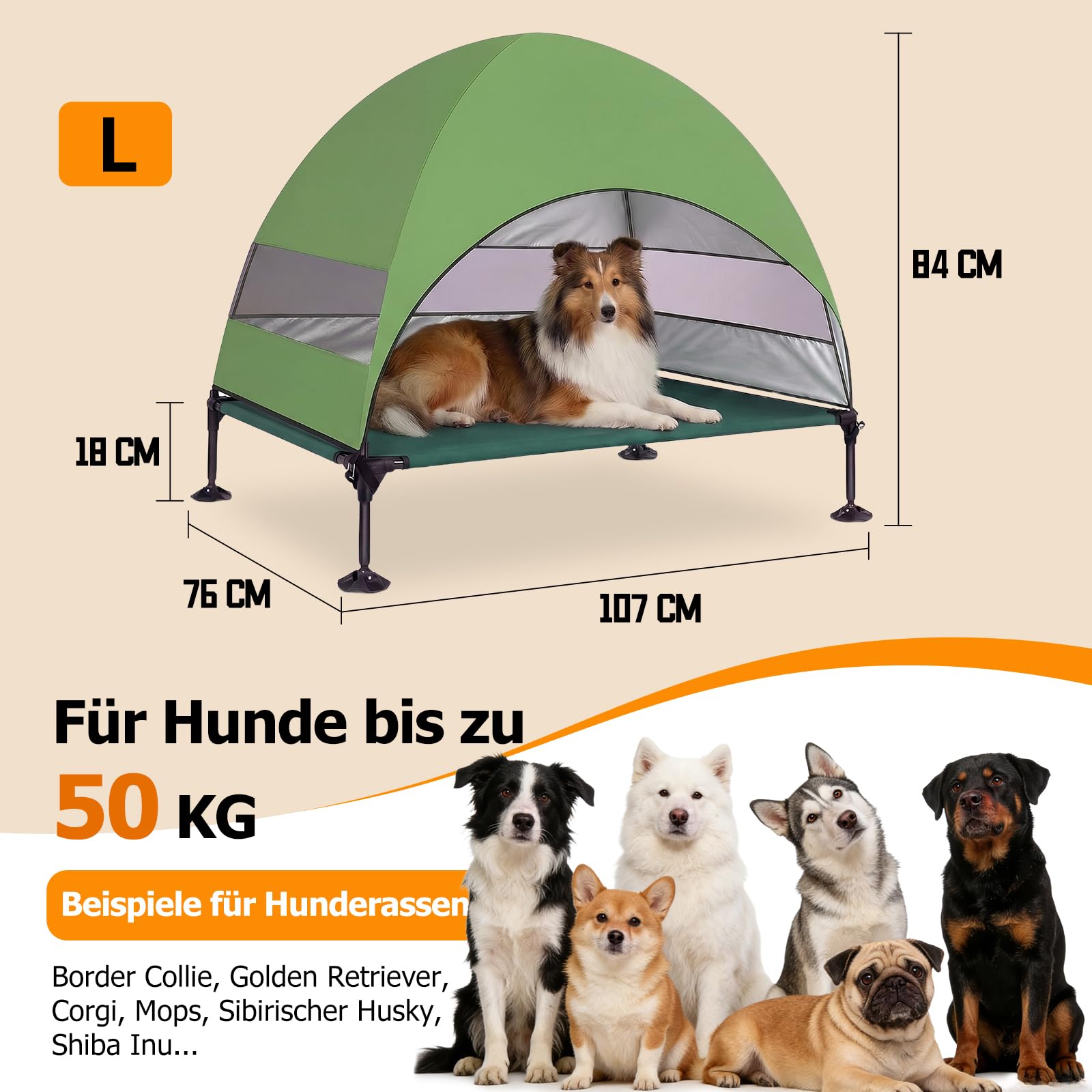 Erhöhtes Hundebett Outdoor mit UV-beständiges Dach，Hundeliege Klappbar mit Anti-Rutsch-Füßen, Hundezelt Outdoor mit Großem Schatten, Kühlendes ErhöHtes Hunde Bett für Camping, Garten & Pool (Grau, L)