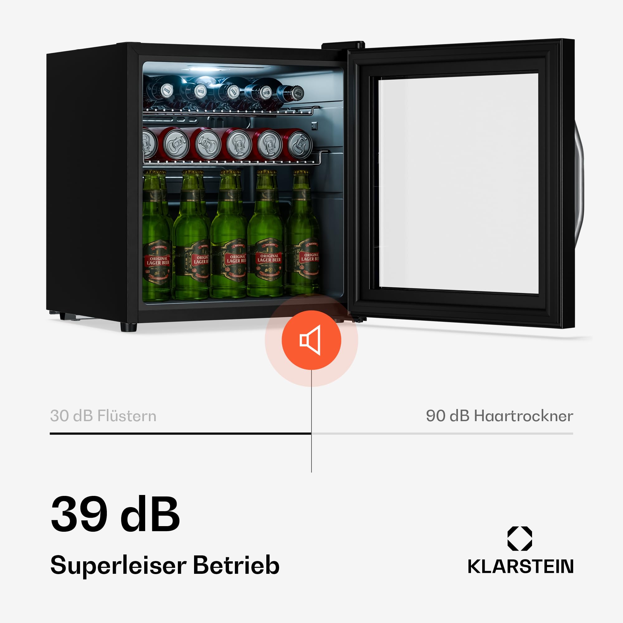 Getränkekühlschrank 33 L – Mini Kühlschrank mit Glastür, Silber-Schwarz | LED-Beleuchtung, herausnehmbare Metallablagen, leise, Flaschenkühlschrank für Getränke & Dosen