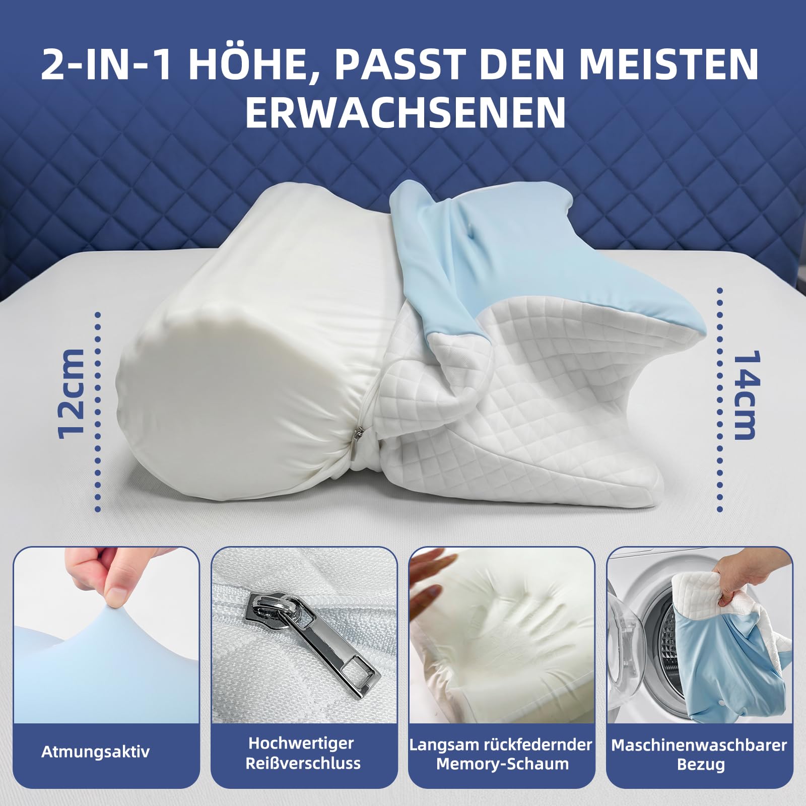 Ergonomisches Nackenstützkissen, 2 in 1 Kopfkissen aus Memory-Schaum