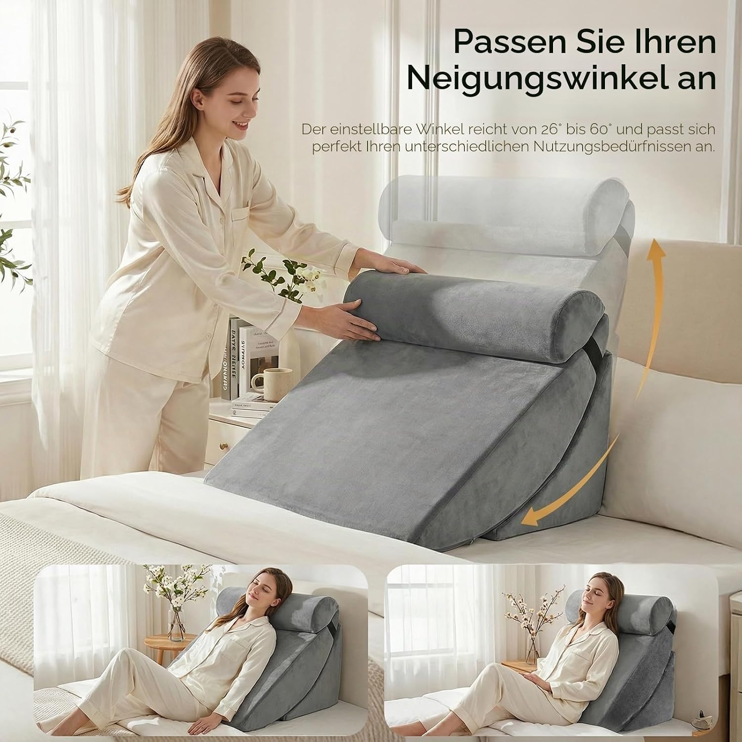 4-teiliges Keilkissen-Set aus Memory-Schaumstoff, Höhenverstellbare Schlaf- und Lesekissen für Sofa und Bett, Waschbare Bezüge in Grau