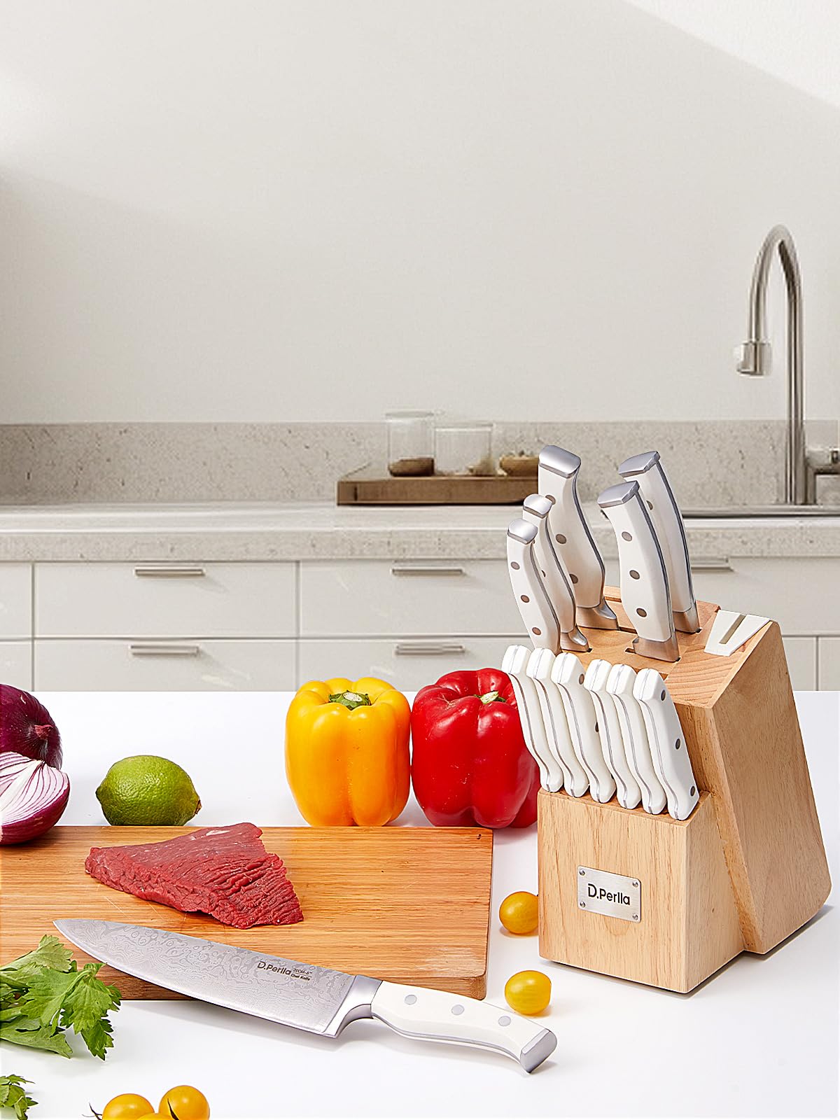 Messerblock Set, 14-teiliger selbstschärfender Messerblock mit Messer, scharfer Edelstahlmessersatz mit Kunststoffgriff und Holzblock, professionelles Küchenmesserset