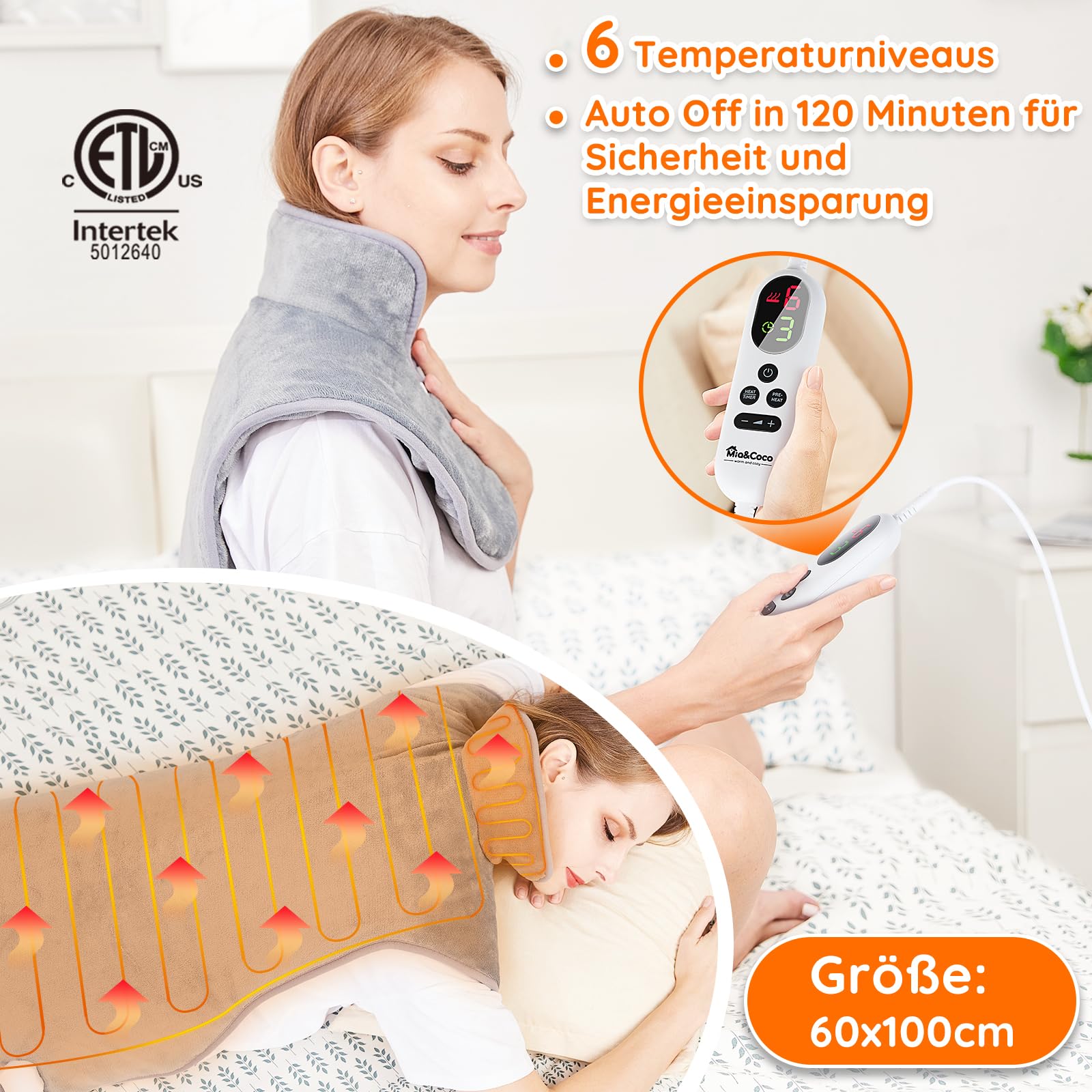 Heizkissen für Rücken, Schulter, Hals, 60 x 100 cm, Wärmekissen mit automatischer Abschaltung, Schnellerwärmung, mit Taillette, Rückenwärmer, elektrische Decke, 6 Wärmeeinstellungen, Auto-Off-Timer, Flanell