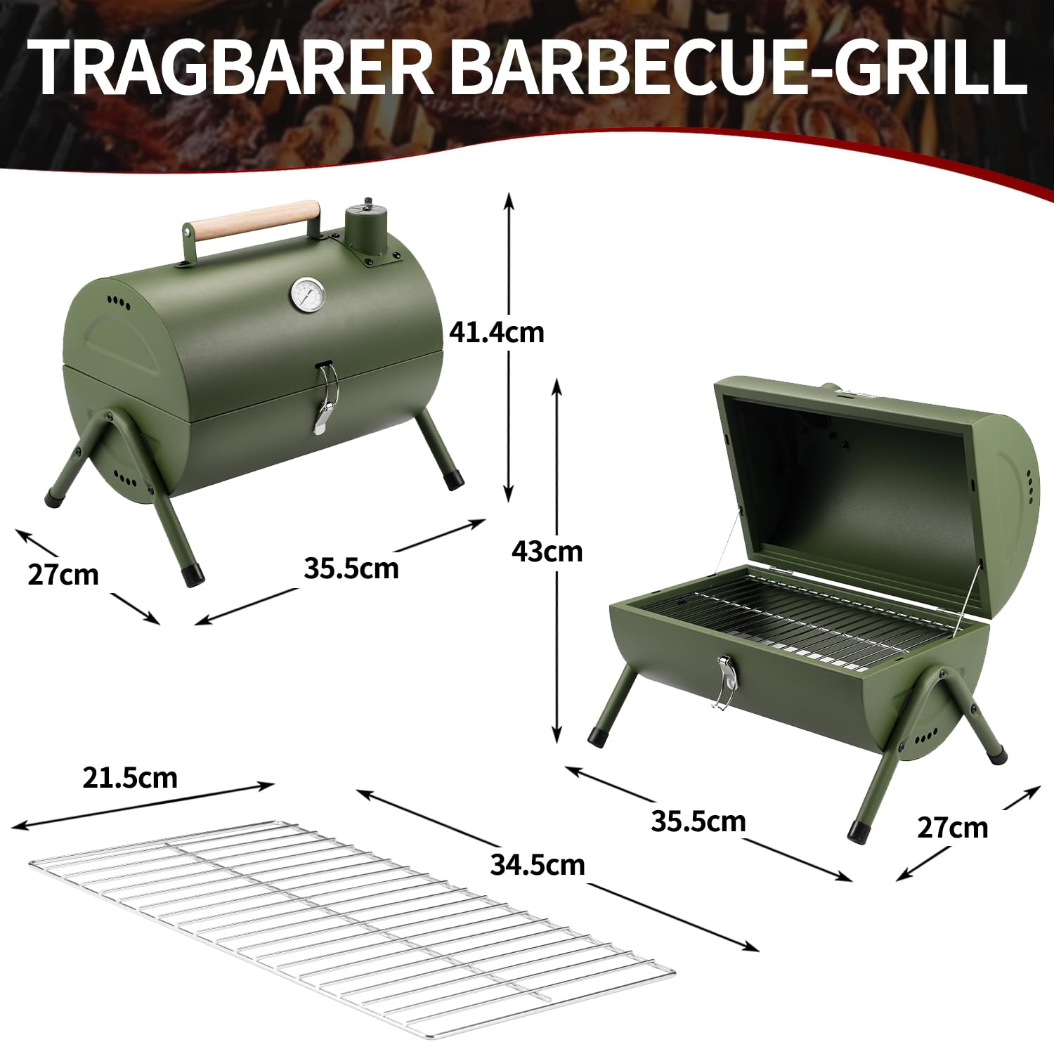 Holzkohlegrill Klein Campinggrill Kleiner Grill Camping Grill Holzkohle Mini Tragbarer Klappgrill Holzkohle für Outdoor Kochen, Picknick, Ideal für Strand, Wohnwagen, Garten, Party Barrel Schwarz