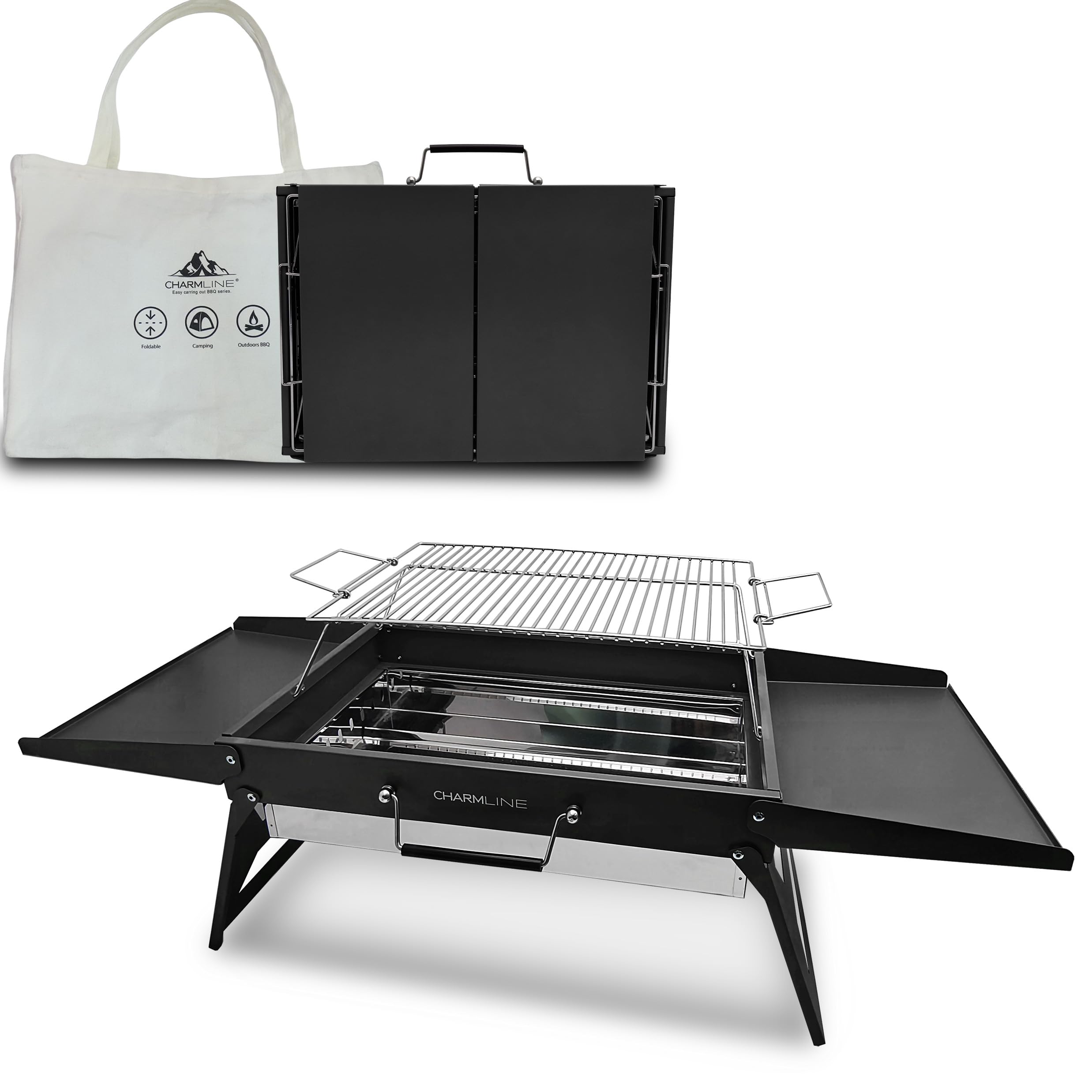 Tragbarer Holzkohlegrill, Klappbarer Campinggrill 35 x 23 cm für 1–3 Personen, Mini BBQ Grill für Balkon, Garten, Camping, Picknick und Strand