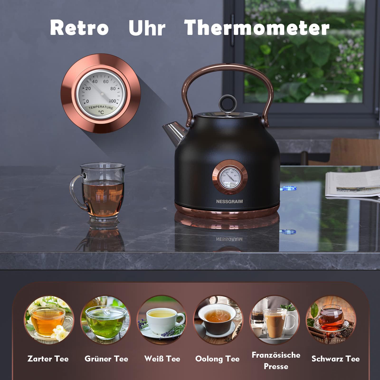 Retro Wasserkocher, 1,7 Liter Edelstahl Teekessel mit grosser Temperaturanzeige, 2200 W Schnellerhitzung Heisswasserkessel mit LED-Anzeige, Schwarz oder Weiss
