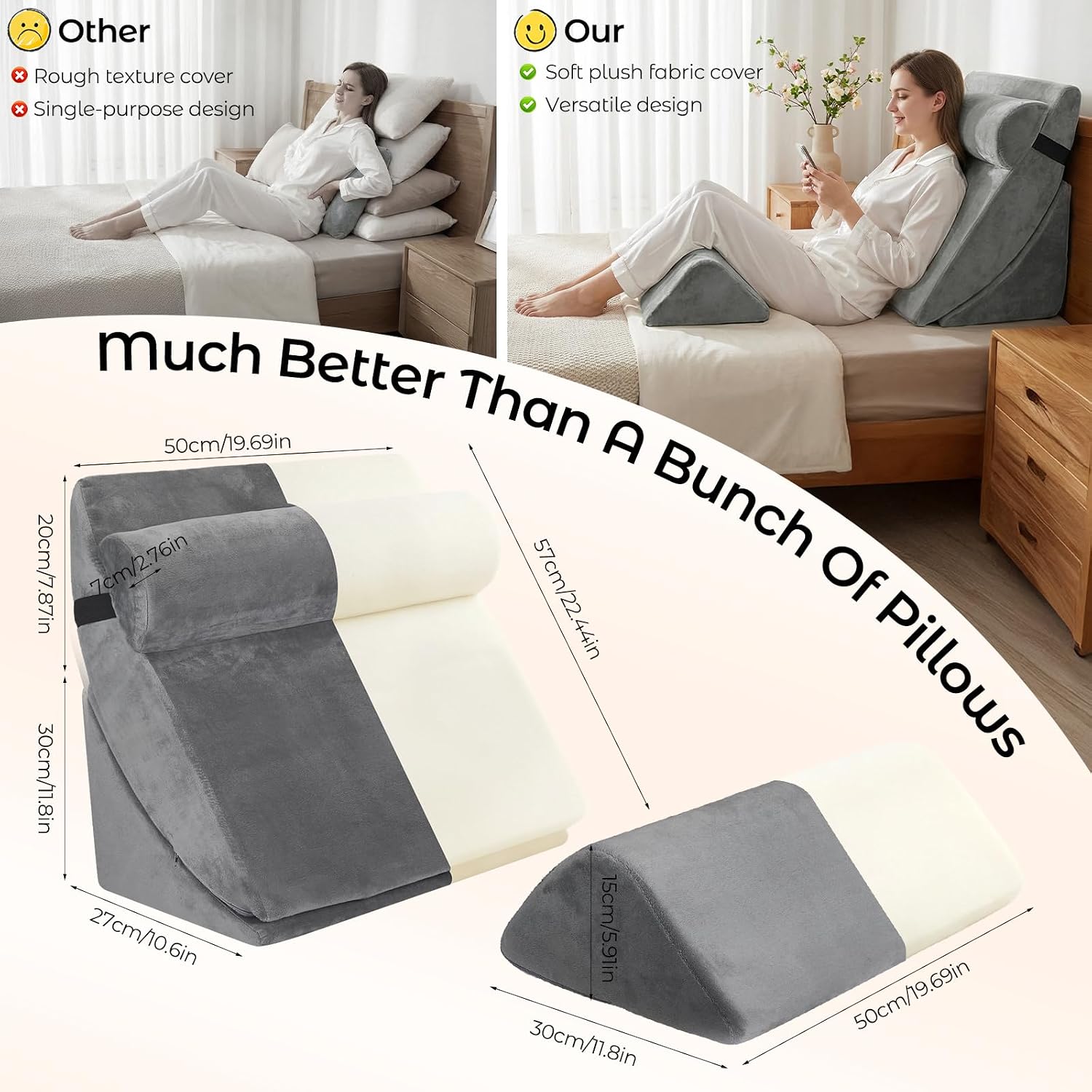 4-teiliges Keilkissen-Set aus Memory-Schaumstoff, Höhenverstellbare Schlaf- und Lesekissen für Sofa und Bett, Waschbare Bezüge in Grau