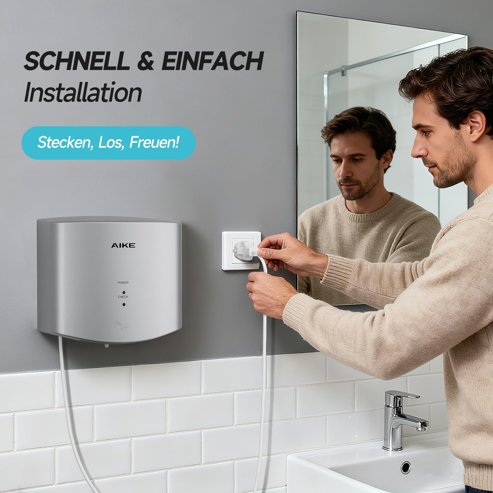 Air Wiper Kompakt Händetrockner, Hochgeschwindigkeit, 1400W 220V, Stecken & Loslegen, Papierlos & Berührungslos