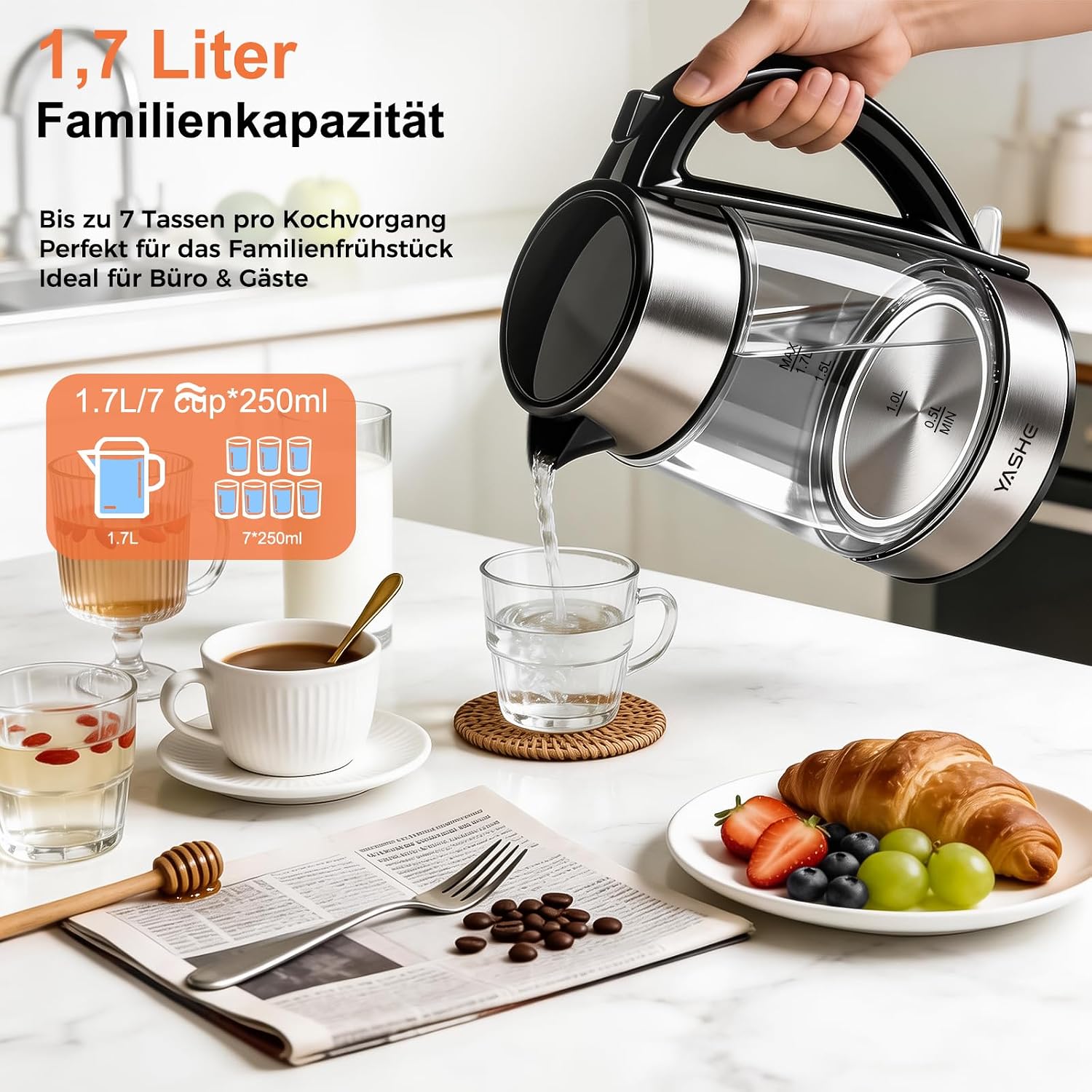 Wasserkocher mit Temperatureinstellung 1,7L 2200W Glas | 5 Temperaturstufen, 5 Farben LED, 30 Min Warmhaltefunktion, Kabellos, Kalkfilter, Abschaltautomatik