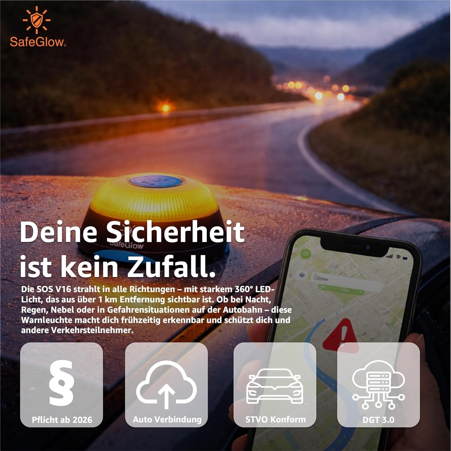 Warnleuchte V16 Notlicht 2026 IDIADA Zulassung Nr. PC21020060 - Warndreieck - Pannendreieck - EU Zulassung - für Auto & Motorrad