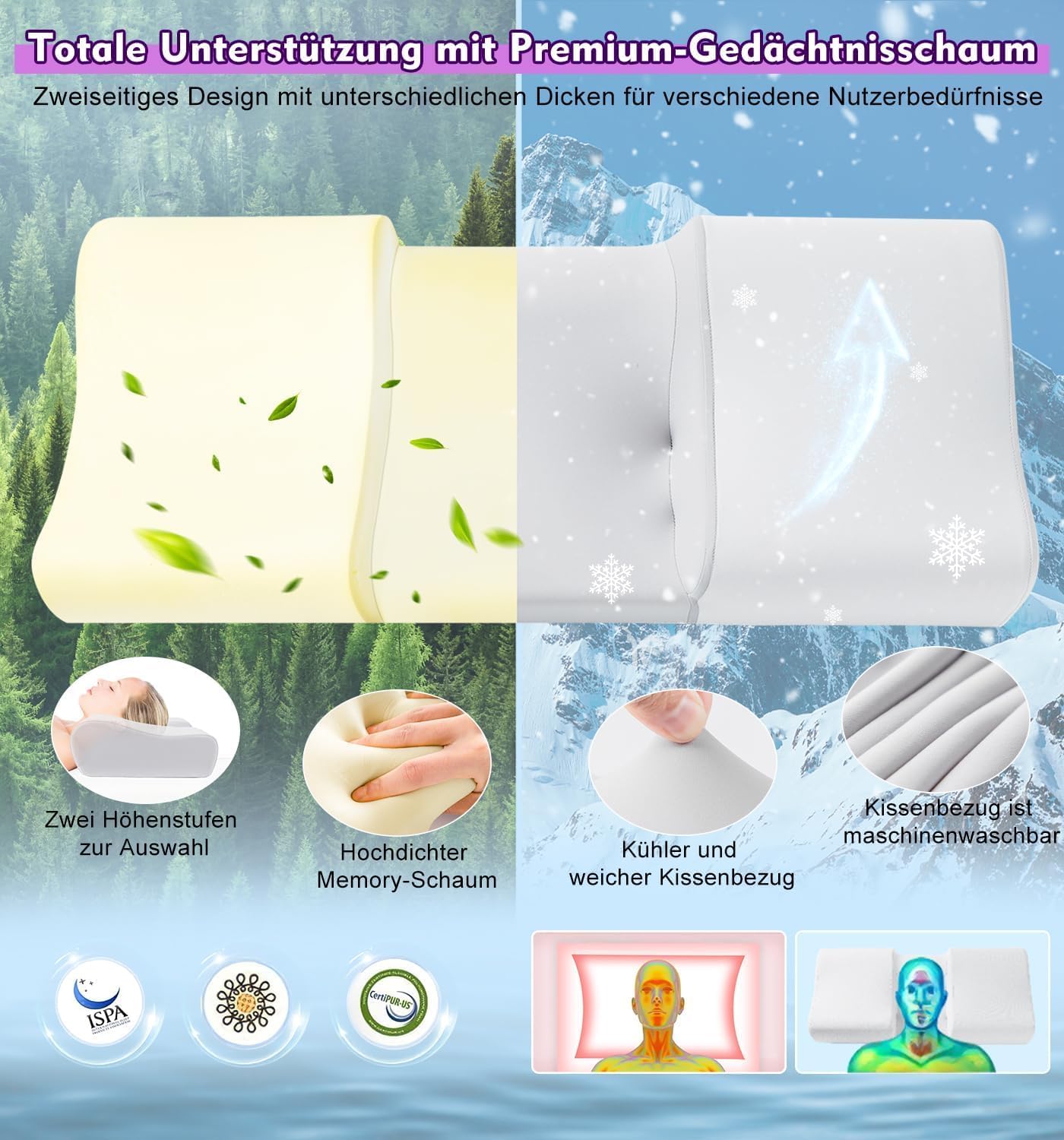Nackenstützkissen gegen Nackenschmerzen, orthopädisches Kopfkissen, ergonomisches Memory Foam Nackenkissen mit 2 Höhen, Hohlraum & kühlendem Bezug, für Seiten- und Rückenschläfer