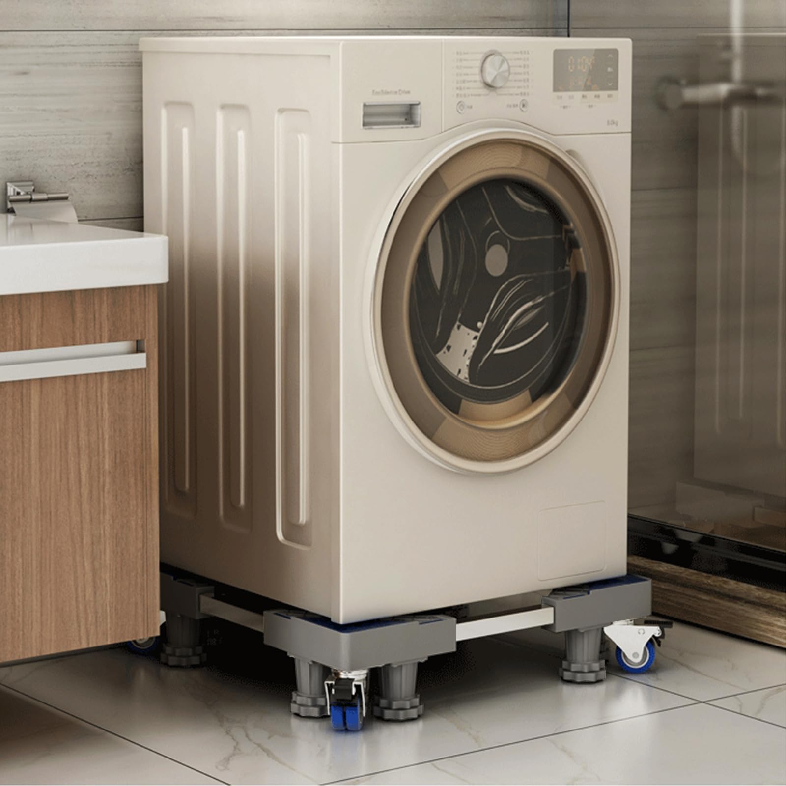 Waschmaschinen Untergestell mit 4 Füßen für Waschwaschine,Kühlschrank und Trockner,Verstellbare Waschmaschinensockel mit Rutschfester Stoßdämpfungsfunktion,(Einstellbare:42-65cm) | Verstellbare Breite 42-65cm Waschmaschinensockel mit Rutschfester St