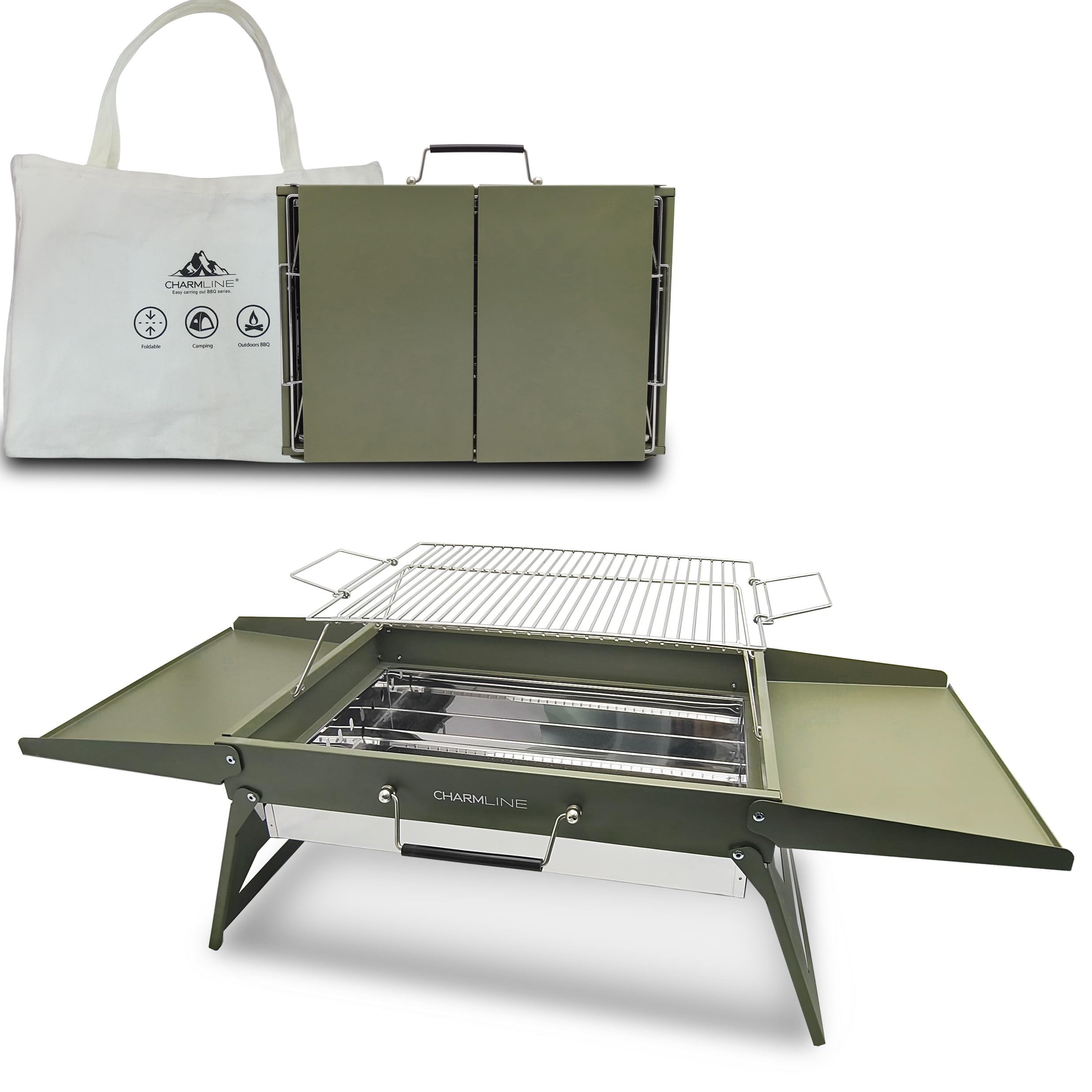Tragbarer Holzkohlegrill, Klappbarer Campinggrill 35 x 23 cm für 1–3 Personen, Mini BBQ Grill für Balkon, Garten, Camping, Picknick und Strand