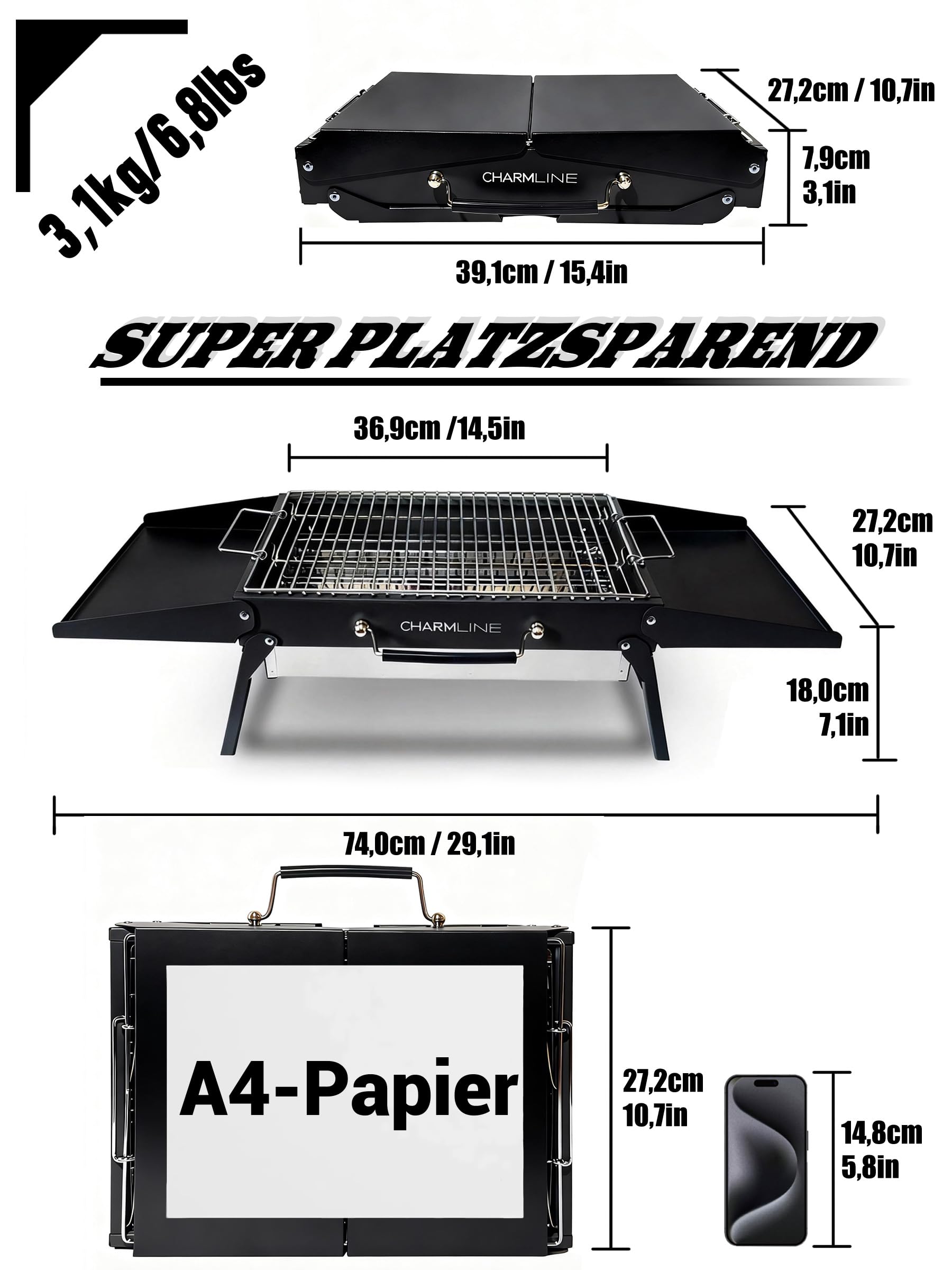 Tragbarer Holzkohlegrill, Klappbarer Campinggrill 35 x 23 cm für 1–3 Personen, Mini BBQ Grill für Balkon, Garten, Camping, Picknick und Strand