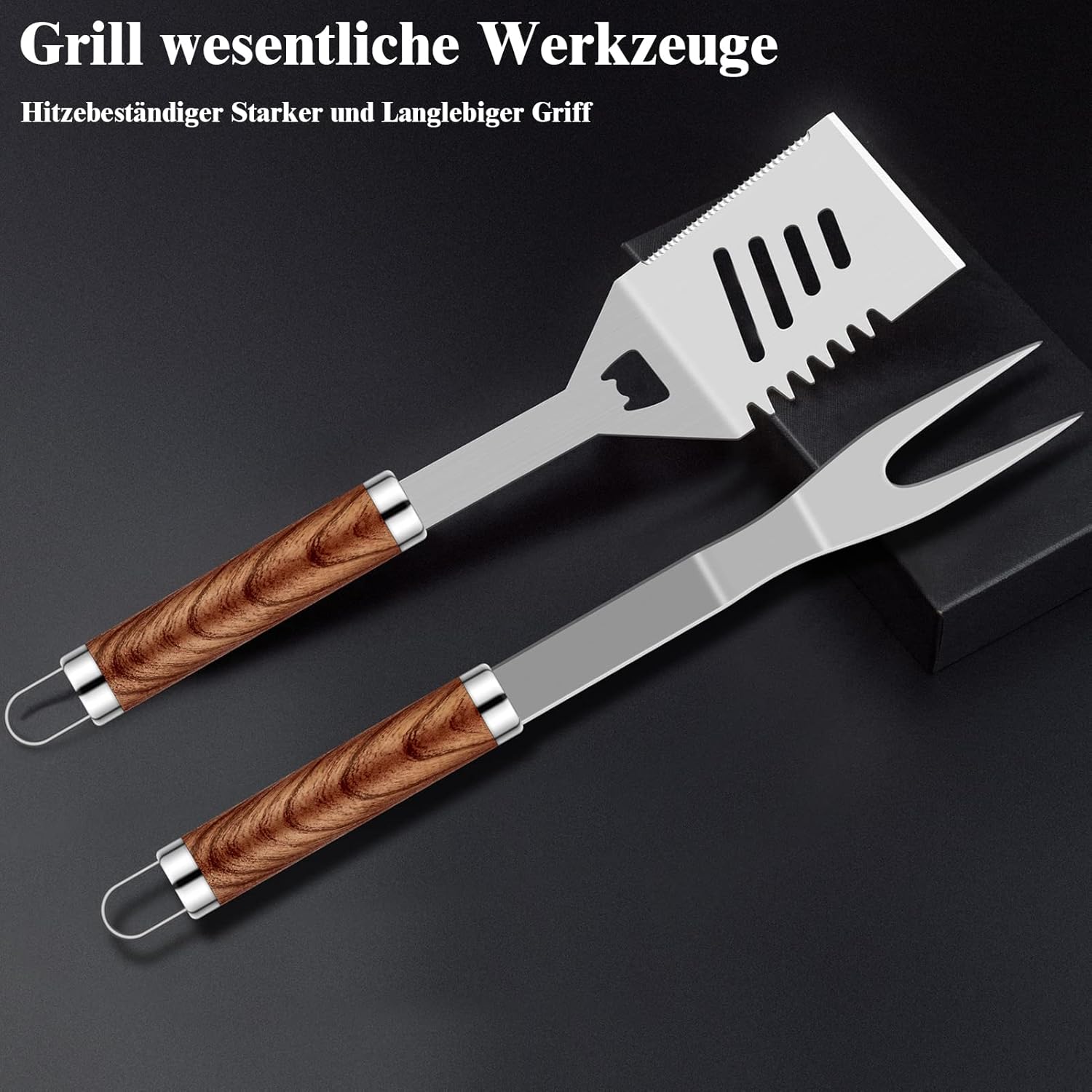 38 Stücke BBQ Grillbesteck Set Edelstahl Grillzubehör für Männer Geschenk Geburtstag Hochwertiger Grillutensilien Set Koffer mit Grillkoffer und Grillmatte für Garten und Camping Braun
