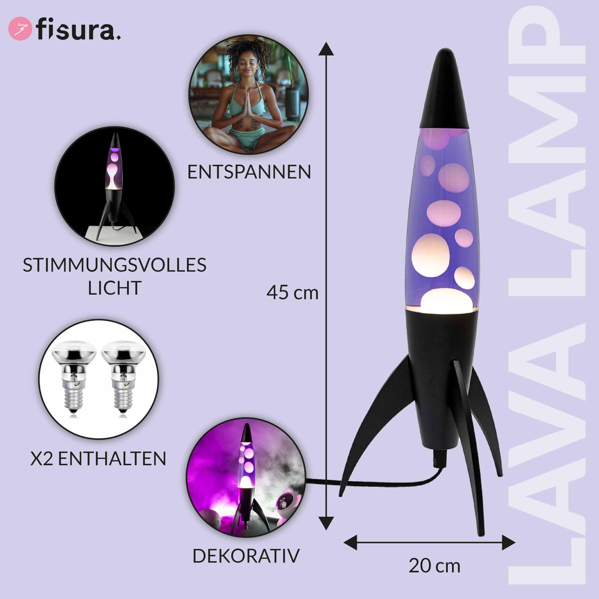 Lavalampe "Rocket" - Retro-Lavalampe mit Ersatzbirne, ideal für Wohnzimmer, Schlafzimmer und Büro. Maße: 20 x 20 x 45 cm.