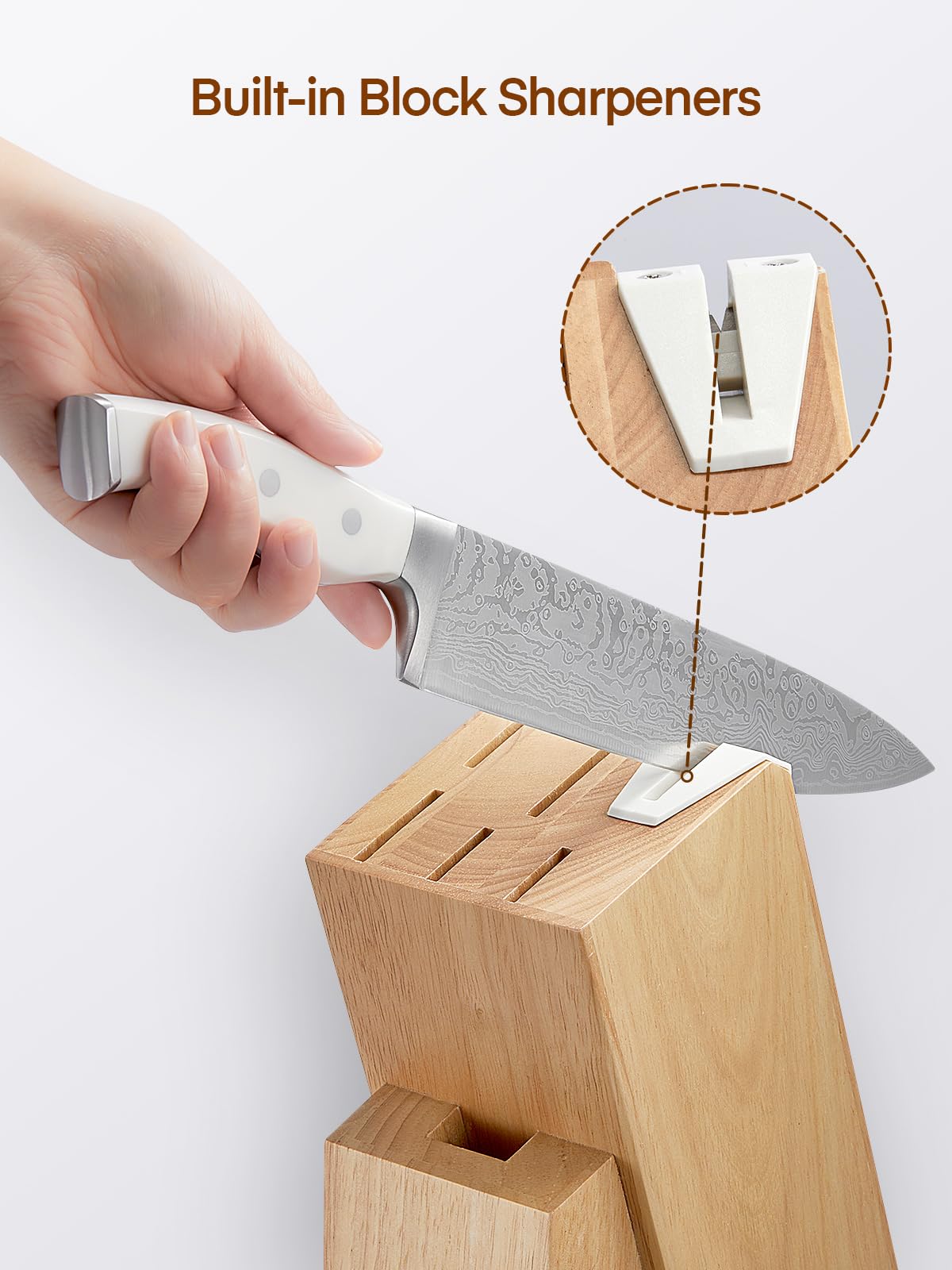 Messerblock Set, 14-teiliger selbstschärfender Messerblock mit Messer, scharfer Edelstahlmessersatz mit Kunststoffgriff und Holzblock, professionelles Küchenmesserset