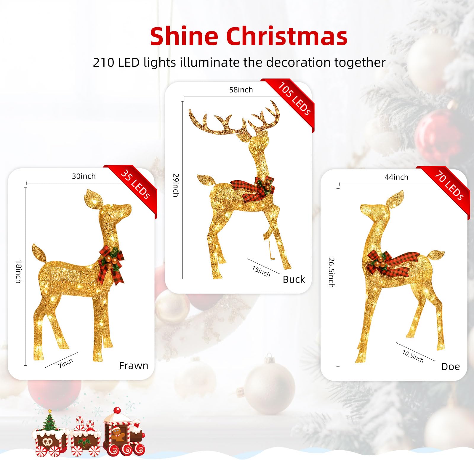 Beleuchtete Weihnachtsdekoration Deer 3 Stücke, Beleuchtete Weihnachtsdekoration Reindeer Familienset für Indoor Outdoor Vorderveranda mit LED, Stecker, Verlängerungskabel, Bodenpfähle, Gold