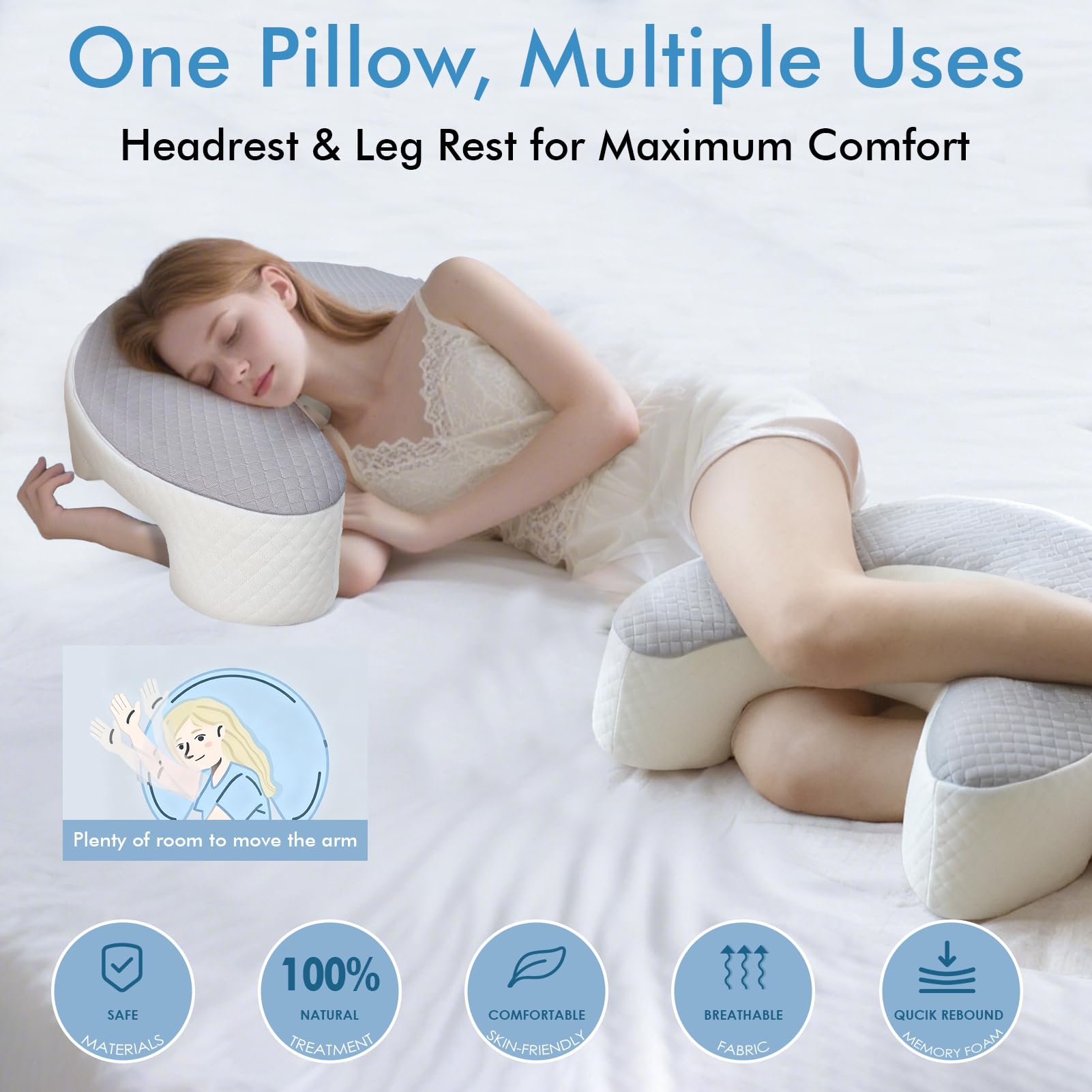 Seitenschläferkissen mit Armloch & Seidigem Kühlbezug, Ergonomisches Memory Foam Nackenkissen für Druckentlastung, Orthopädisches Kopfkissen mit Eisseide-Gewebe für Schulter & Arm