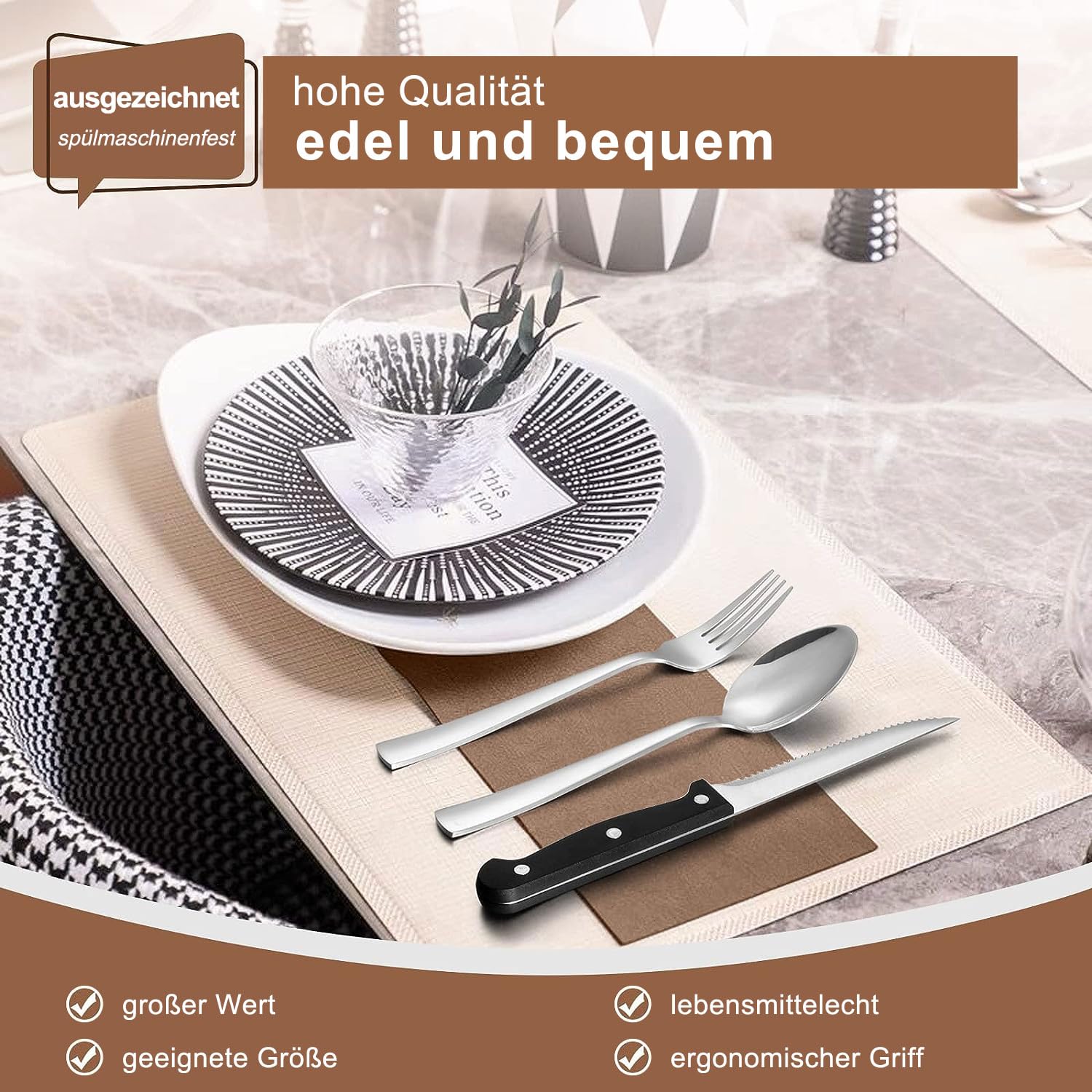 36-teiliges Besteckset aus Edelstahl mit Steakmesser, Besteckset für 6 Personen, elegantes Besteckset mit Messer, Gabel, Löffel, Besteck für Zuhause/Party/Restaurant, Geschirrspüler geeignet