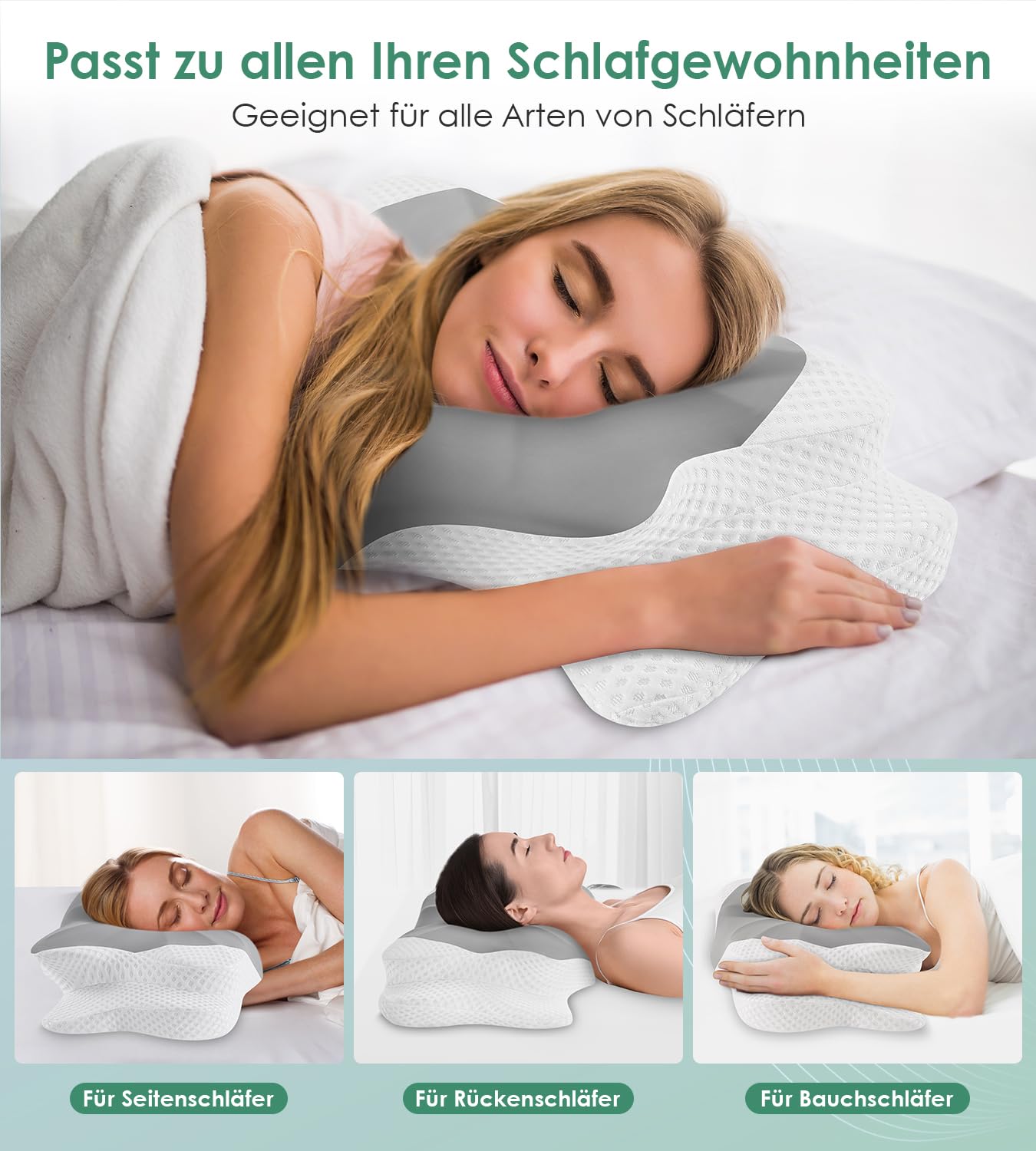 Halskissen, Memory Foam Kissen, Schlafkissen für Seiten, Rücken- und Magenschläfer