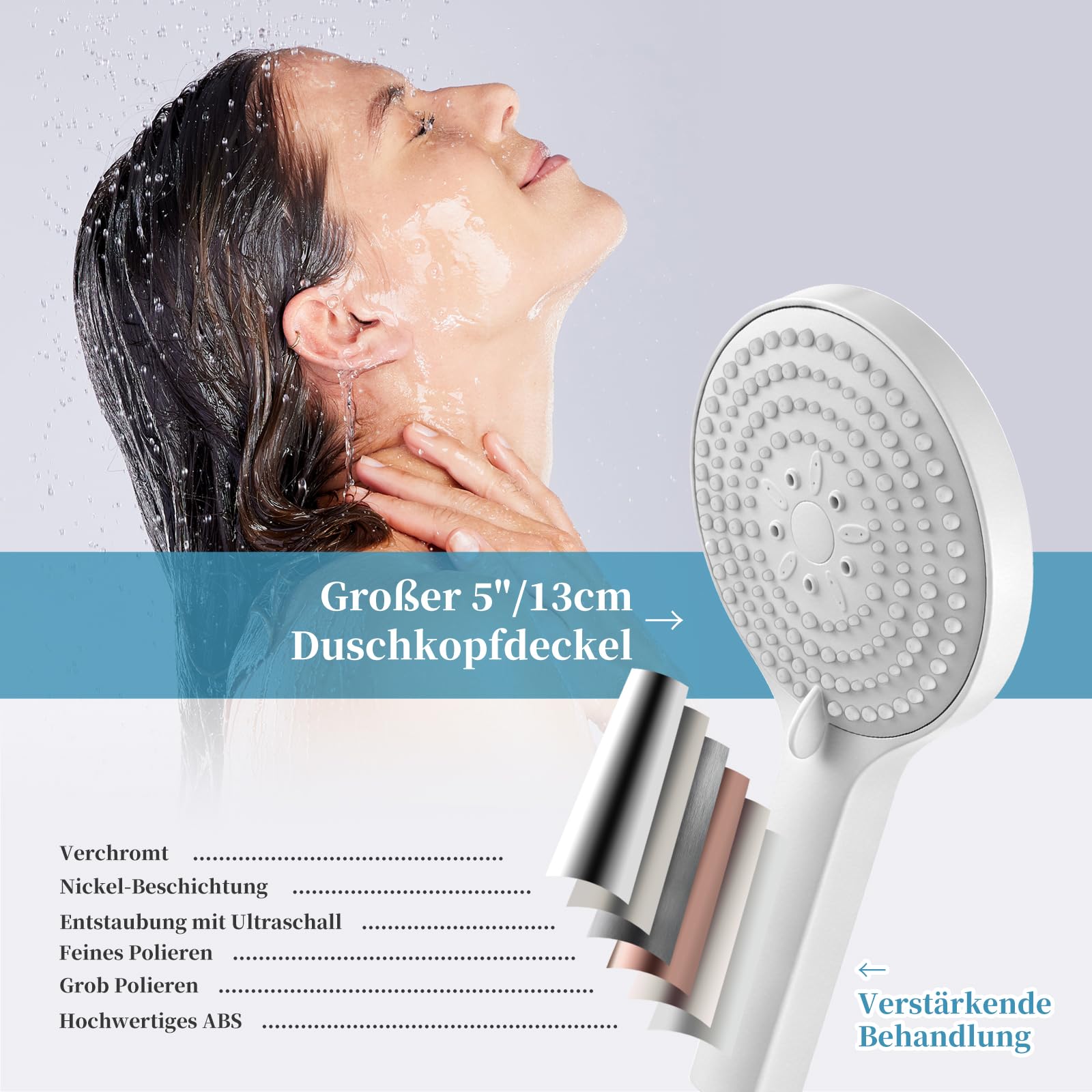 Duschkopf Groß xxl mit 6 Strahlarten, Duschbrause für Duschkopf Wassersparend, Chrom