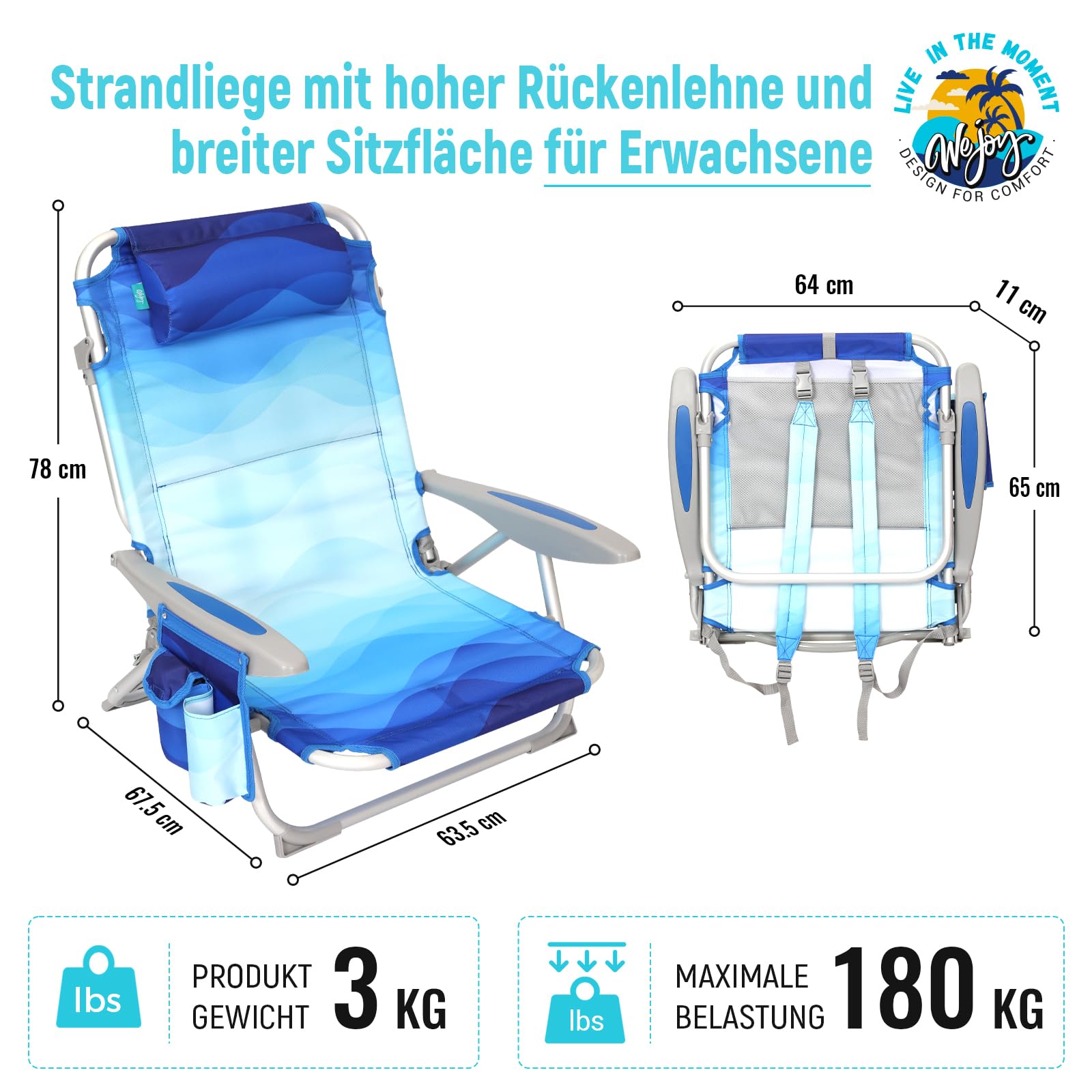Strandstuhl klappbar Alu Hochlehner Klappstuhl 4 Position Leicht tragbar stabiler Campingstuhl