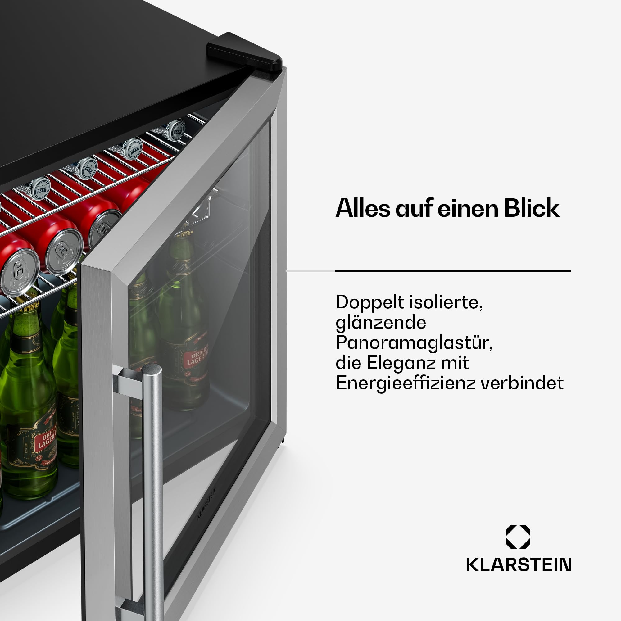 Getränkekühlschrank 33 L – Mini Kühlschrank mit Glastür, Silber-Schwarz | LED-Beleuchtung, herausnehmbare Metallablagen, leise, Flaschenkühlschrank für Getränke & Dosen