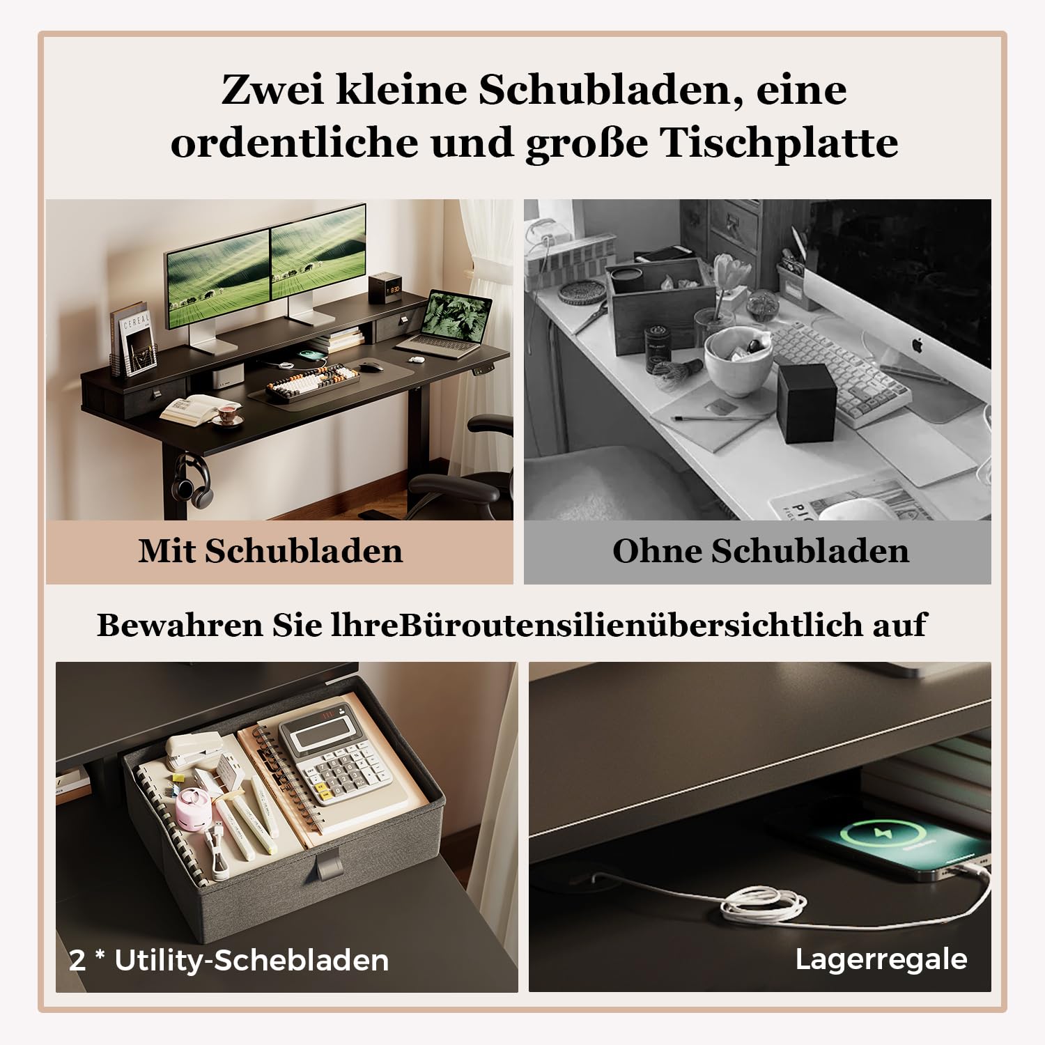 Höhenverstellbarer Schreibtisch mit Doppelschubladen, Elektrisch Höhenverstellbarer Schreibtisch, Sitz-Steh-Computertisch, Ergonomischer Stehschreibtisch