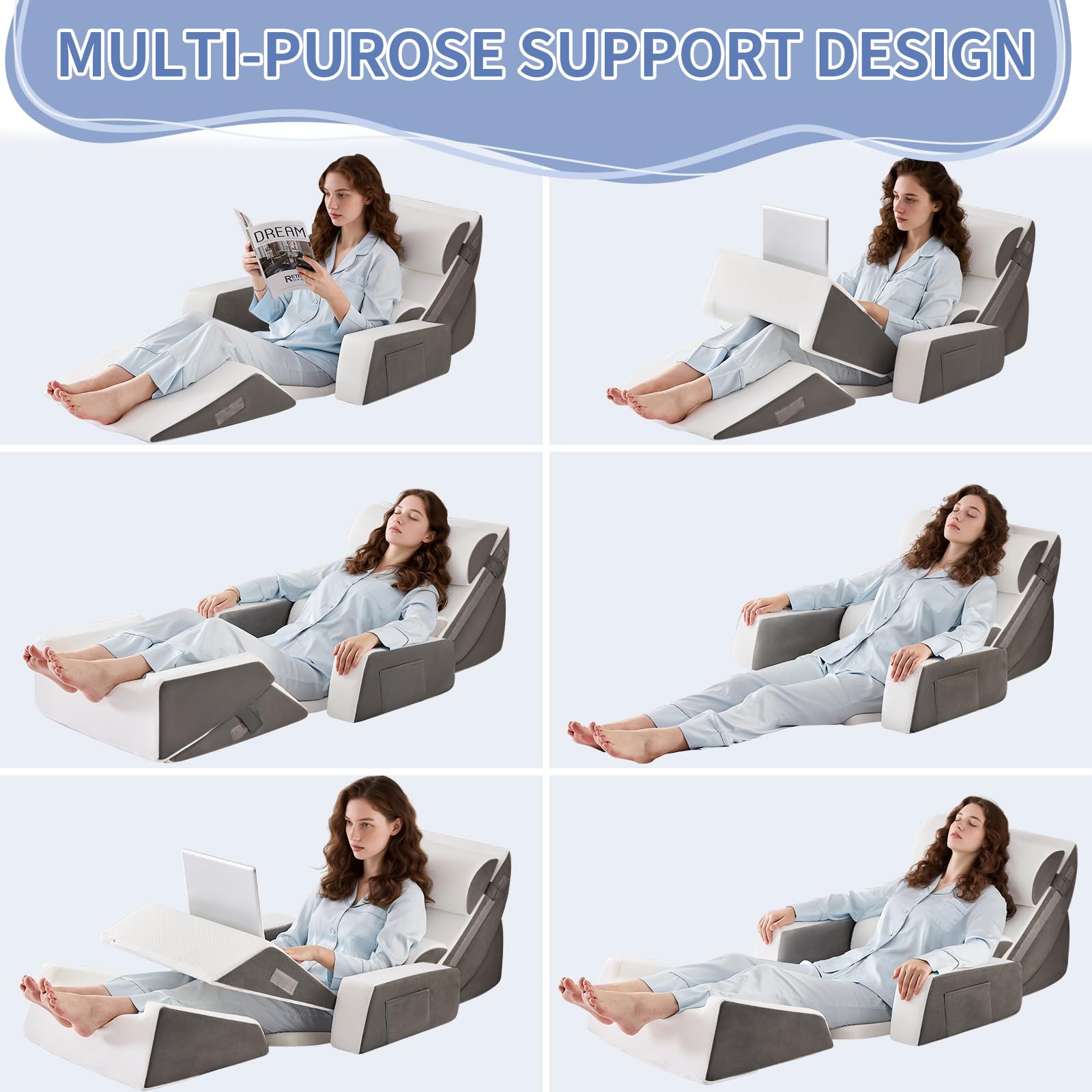 Orthopädische Bett Keil Kissen Set,Post Chirurgie Schaum Kissen für Körper, Rücken und Beine Schmerzlinderung,Justierbare Stützkissen mit Säure Reflux Bed Wedge Memory Foam Hellgrau