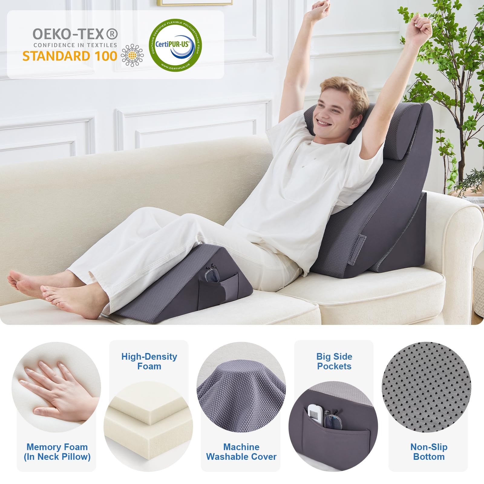 Orthopädische Bett Keil Kissen Set für das Schlafen, Post Chirurgie Schaum Kissen für Körper, Rücken und Beine Schmerzlinderung, Dreieck justierbare Stützkissen mit Säure Reflux Schlafkissen Weiß